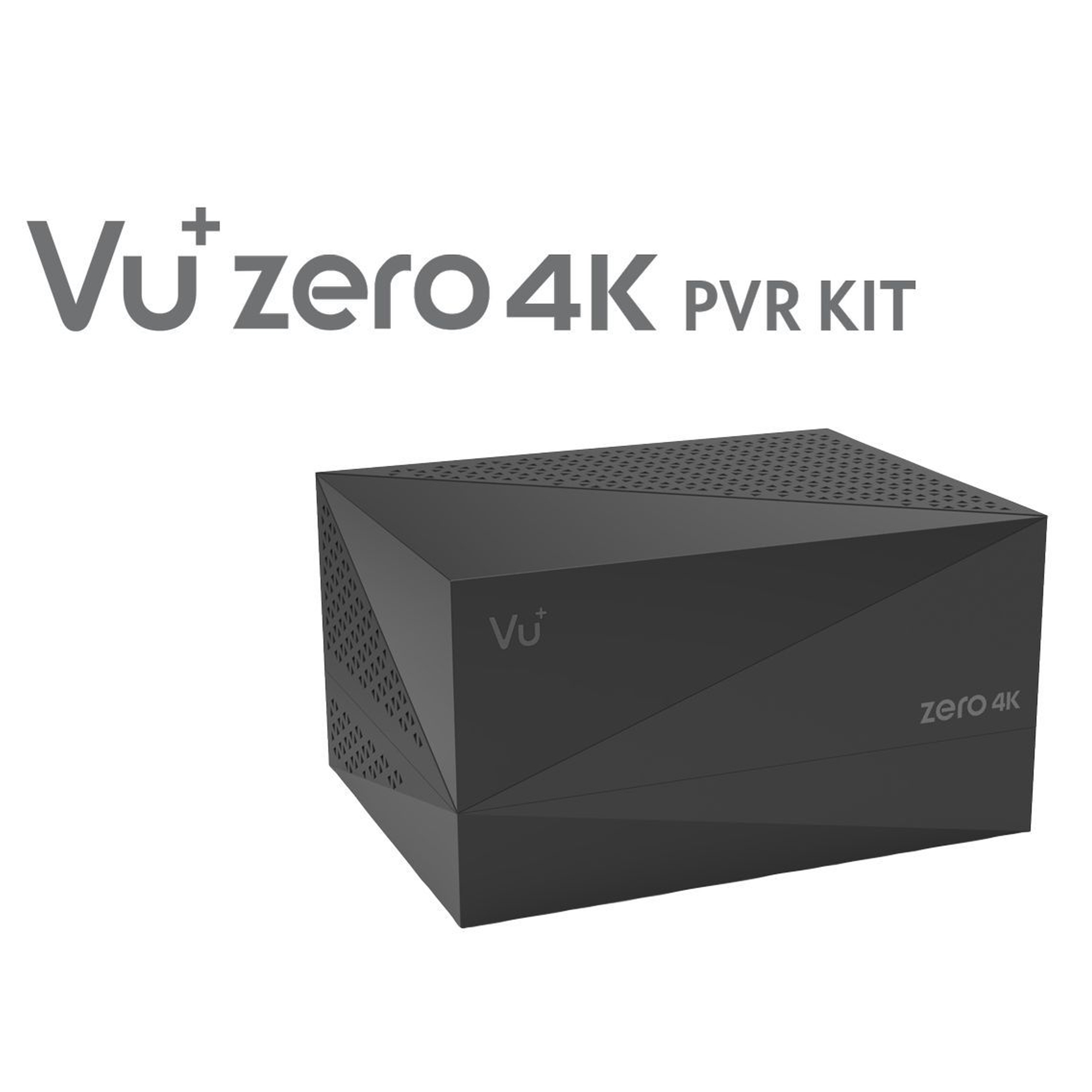 Schwarzer 4K PVR Kit Karton mit weißem Text. Die Box steht auf weißem Hintergrund.