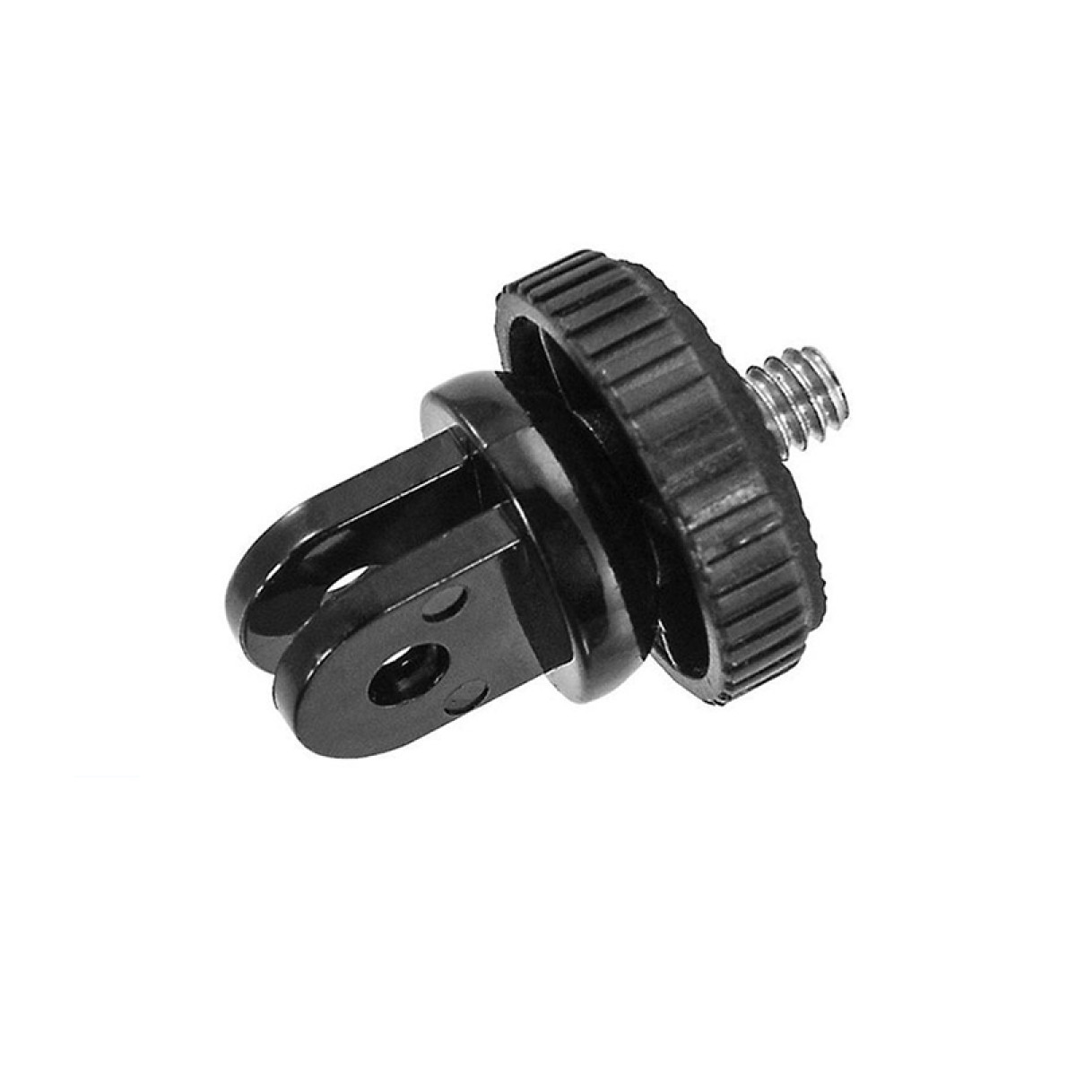Black camera mount with a screw. White background.