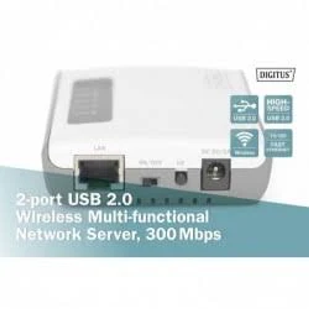 Biały router z portami i ikonami połączeń. Tekst brzmi '2-port USB 2.0 Wireless Multi-functional Network Server'.