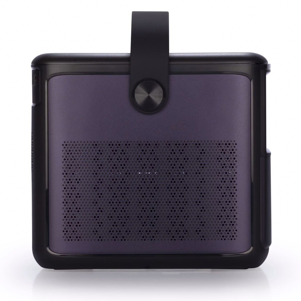 Czarny i fioletowy przenośny projektor z uchwytem.