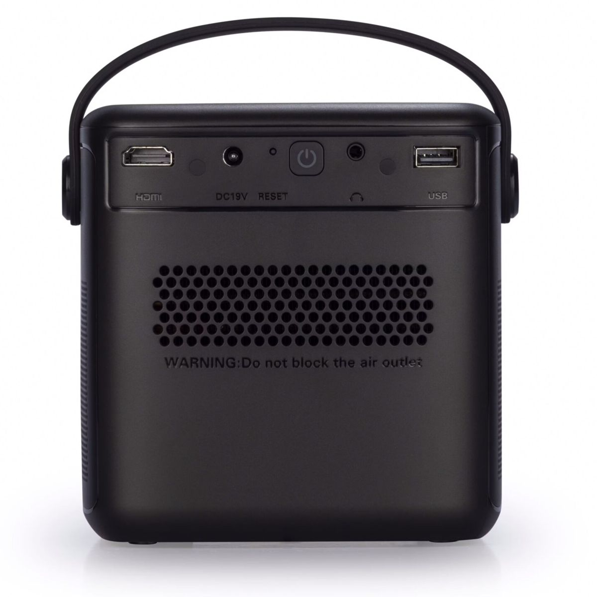 Czarny projektor z portami, przyciskami i wylotem powietrza. Ma uchwyt. Białe tło.