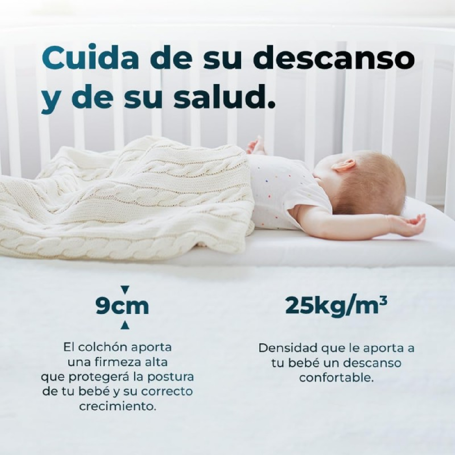 Bebé acostado en una cama con texto sobre el grosor y la densidad del colchón.