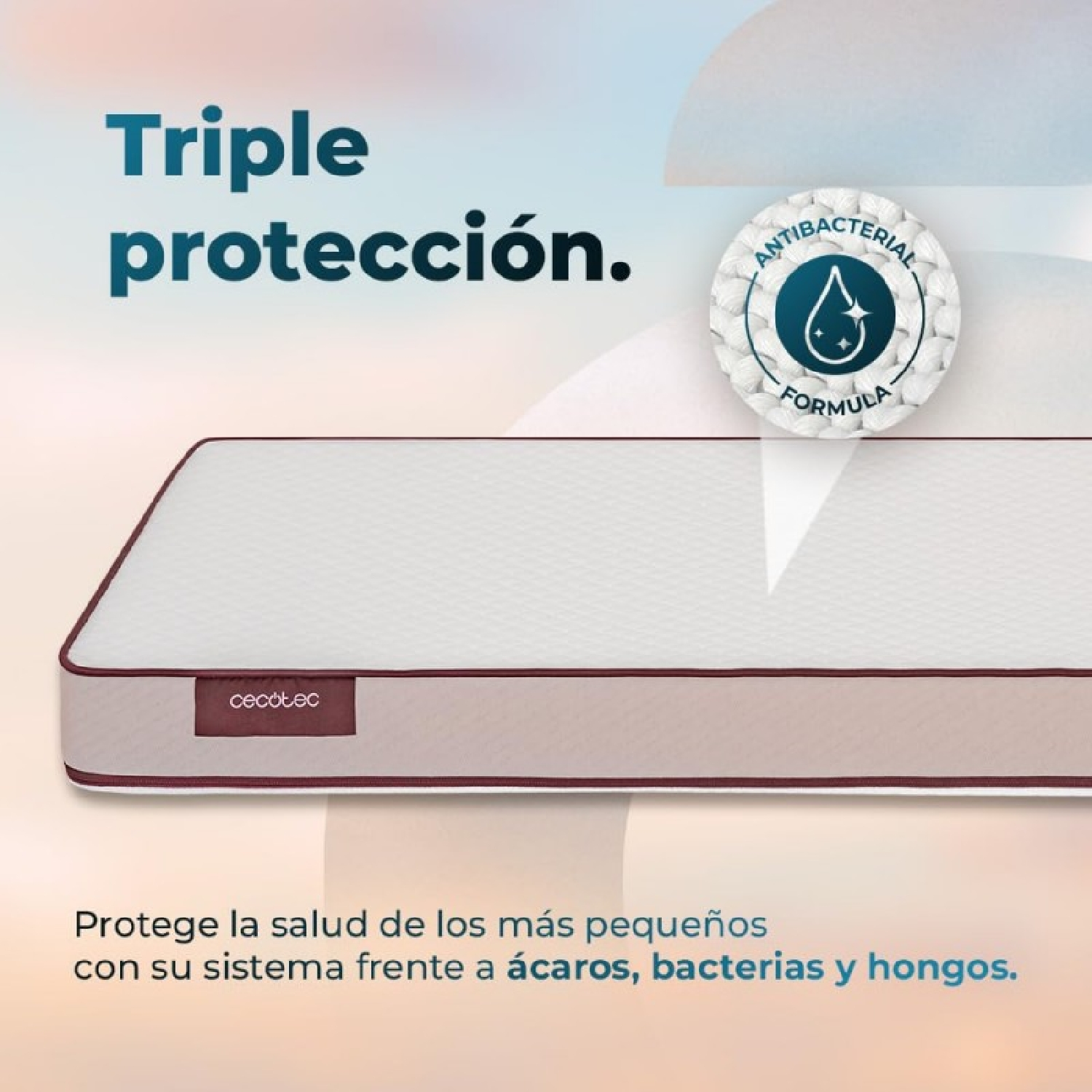 Un colchón con borde rojo, con texto sobre protección antibacteriana y antiácaros.