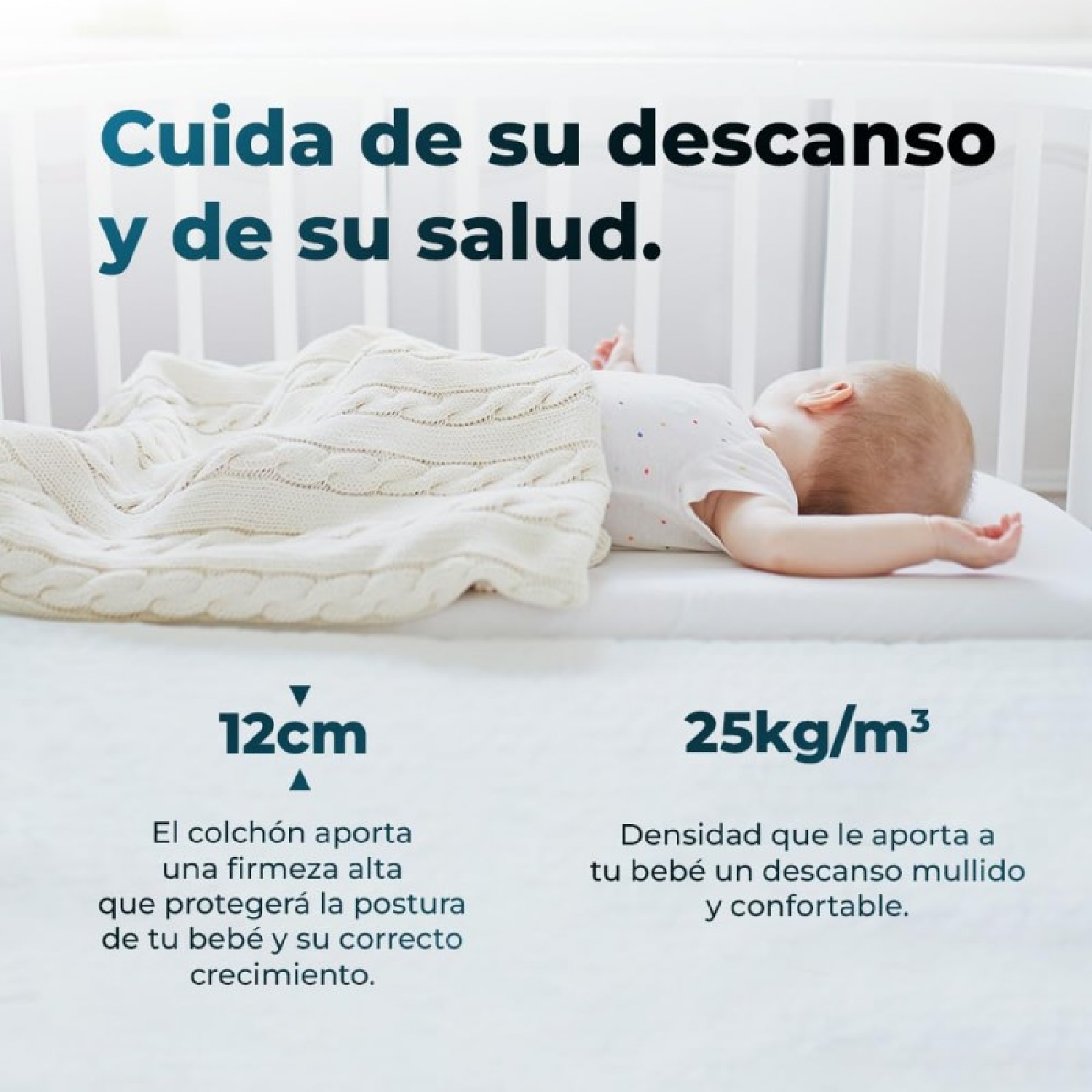 Bebé acostado en un colchón con una manta blanca. Texto: 'Cuida tu descanso y tu salud'.
