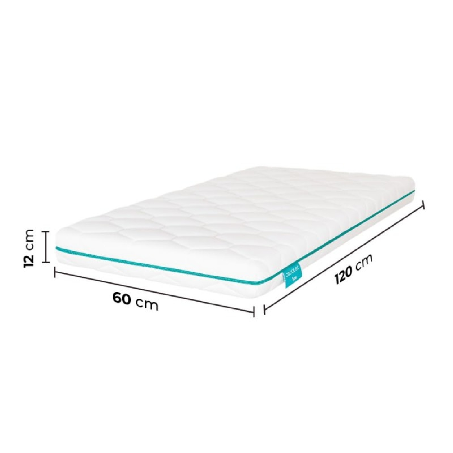 Colchón para bebé blanco con ribete turquesa, dimensiones: 60x120x12 cm.