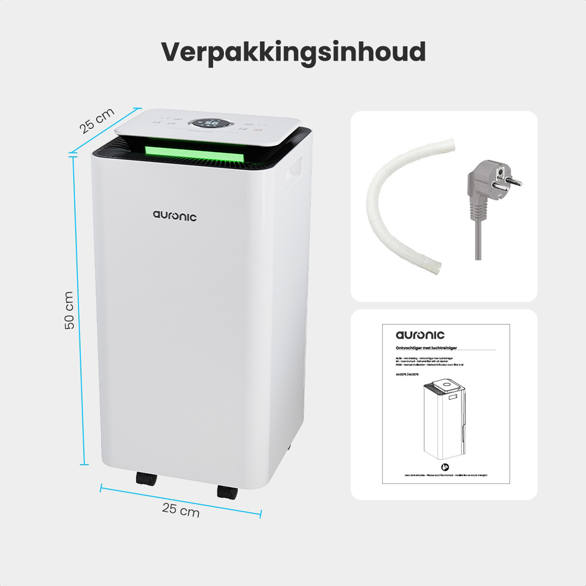 Luchtreiniger met afmetingen. De reiniger is wit, met groen licht en een netsnoer.