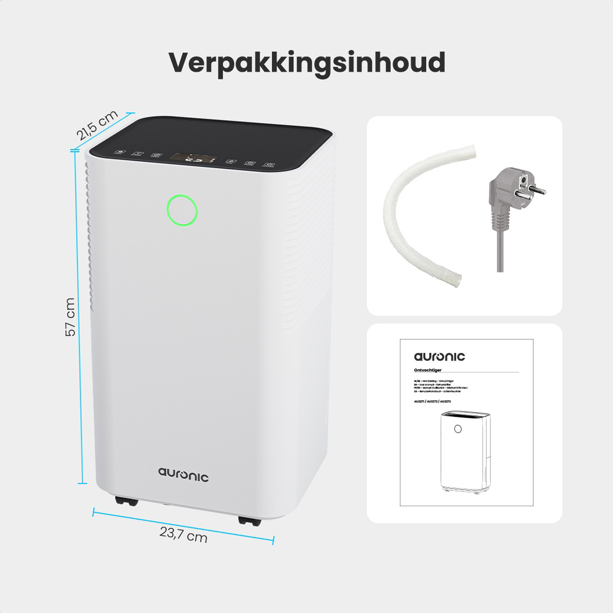 Purificateur d'air blanc avec dimensions. Sont également présentés le cordon d'alimentation, le tuyau et le manuel.
