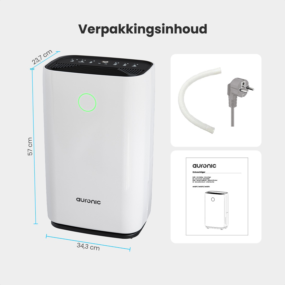 Luchtreiniger met afmetingen en extra items, alles op een lichte achtergrond.