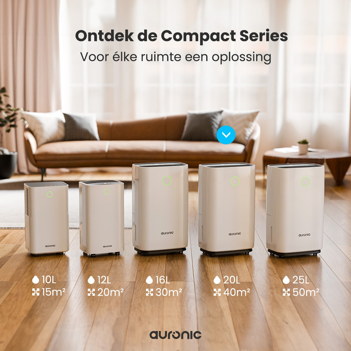 Vijf witte luchtreinigers op een rij met capaciteitsdetails. Woonkamer achtergrond.