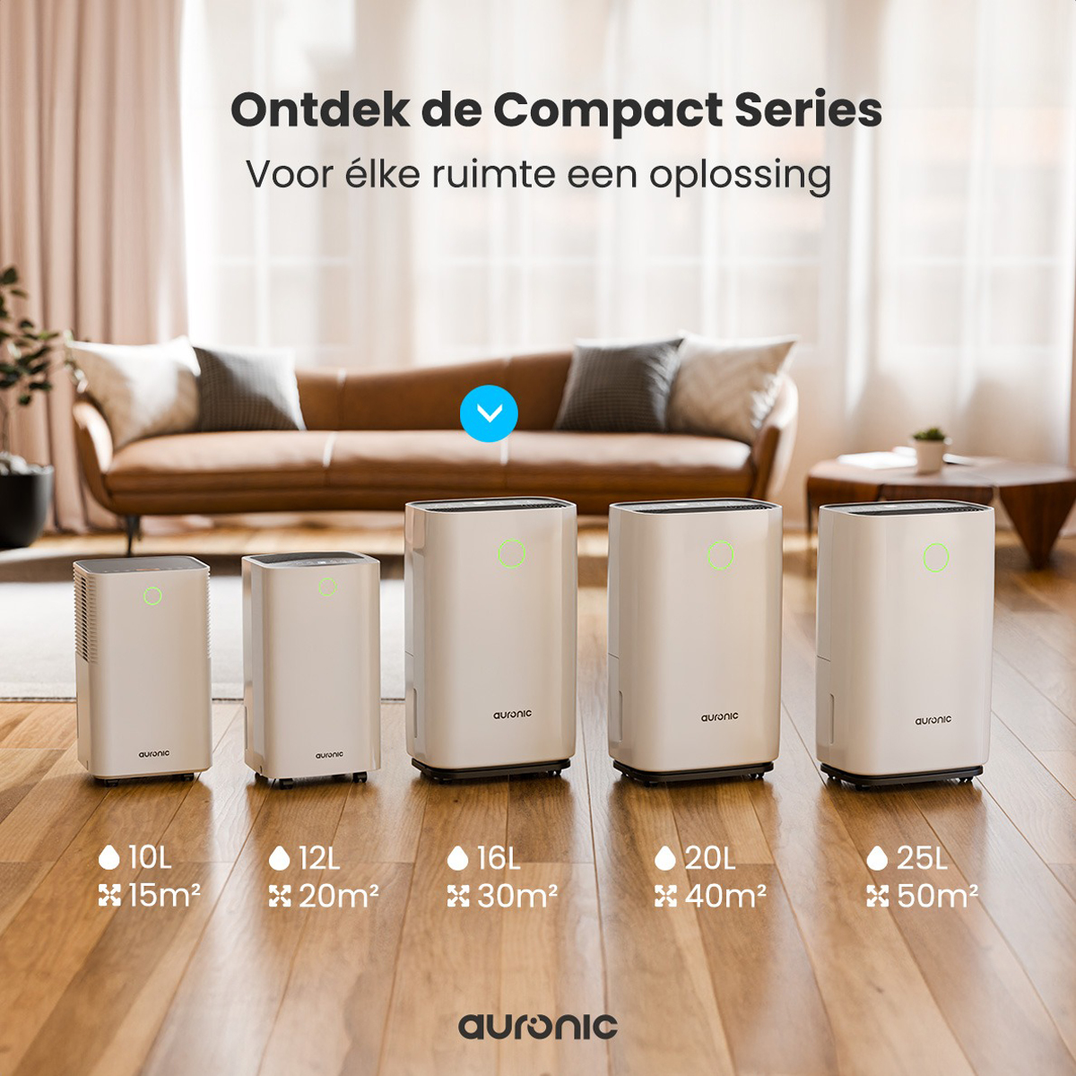 Luchtreinigers van verschillende formaten worden weergegeven. De merknaam is auronic.