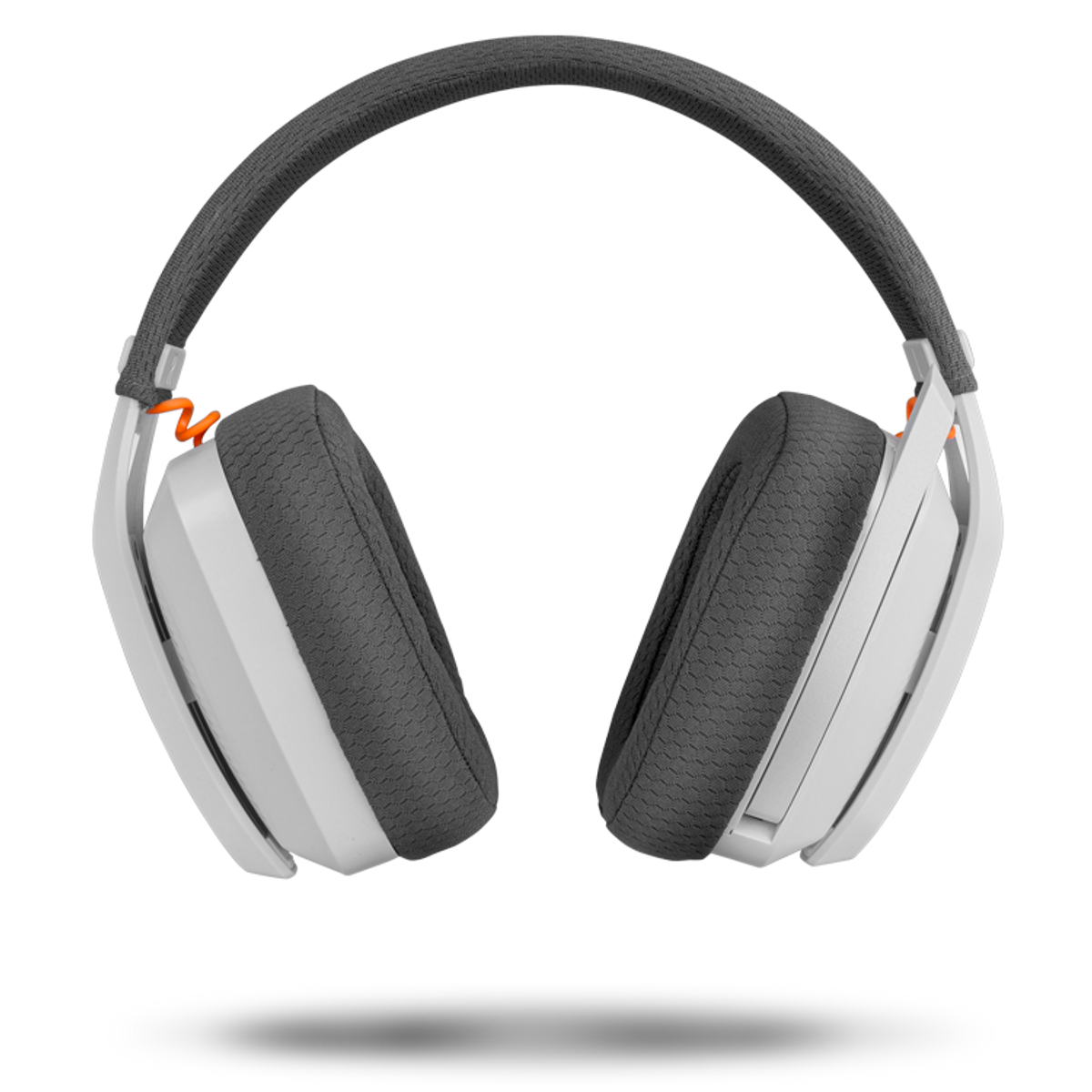 Kopfhörer mit weißem und grauem Design und orangefarbenen Akzenten.
