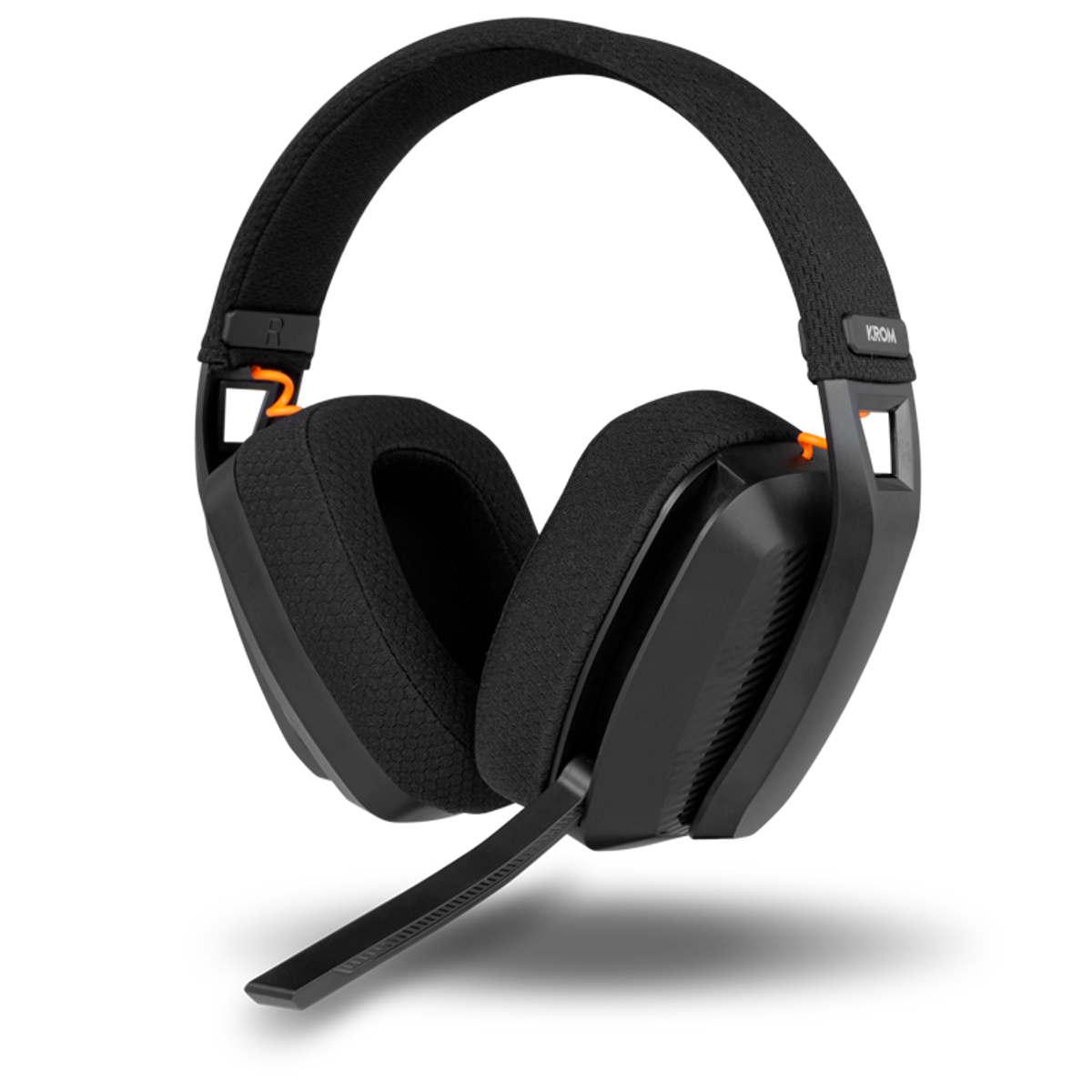Czarne słuchawki z mikrofonem, pomarańczowe akcenty, na czarnym tle.