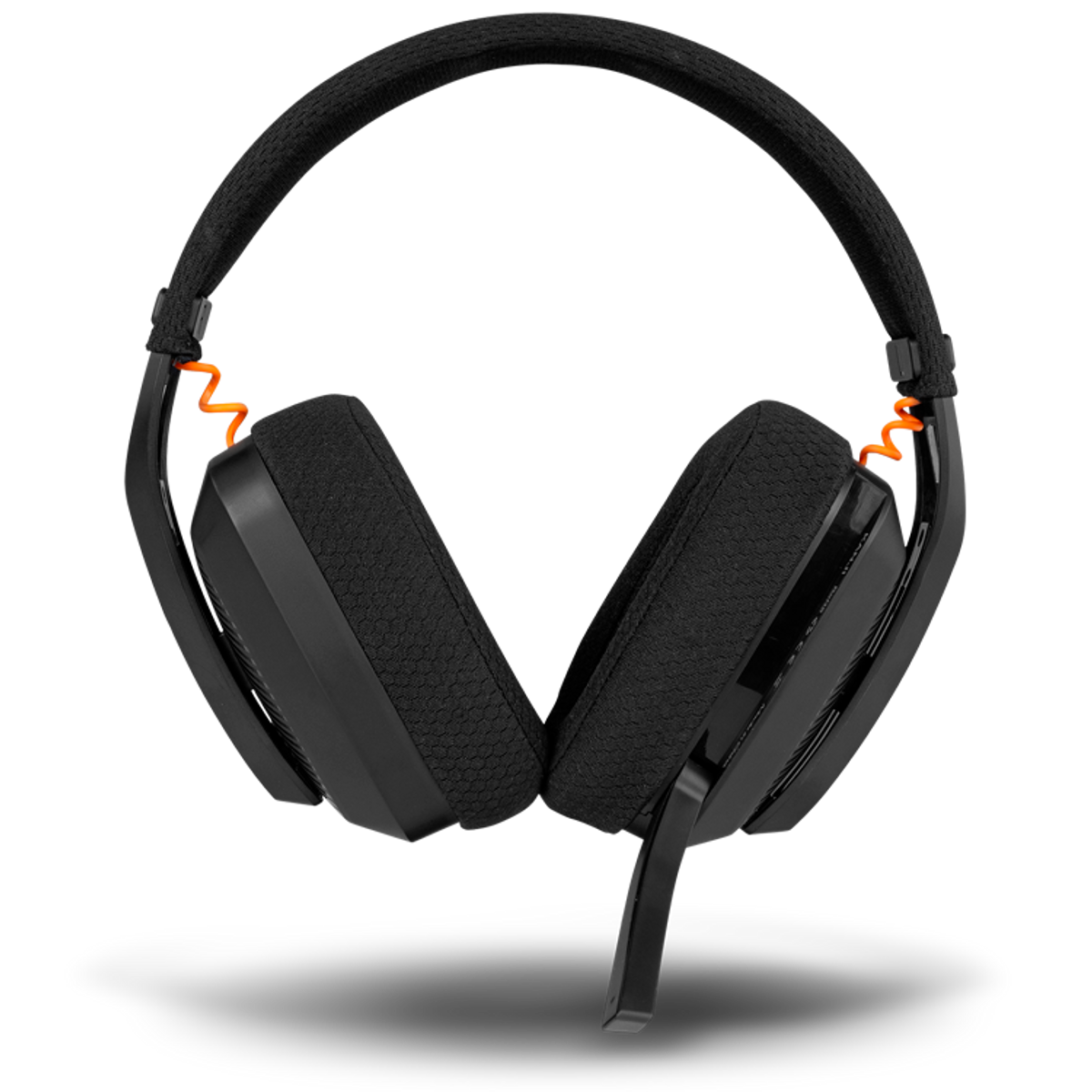 Czarne słuchawki do gier z pomarańczowymi akcentami kablowymi.