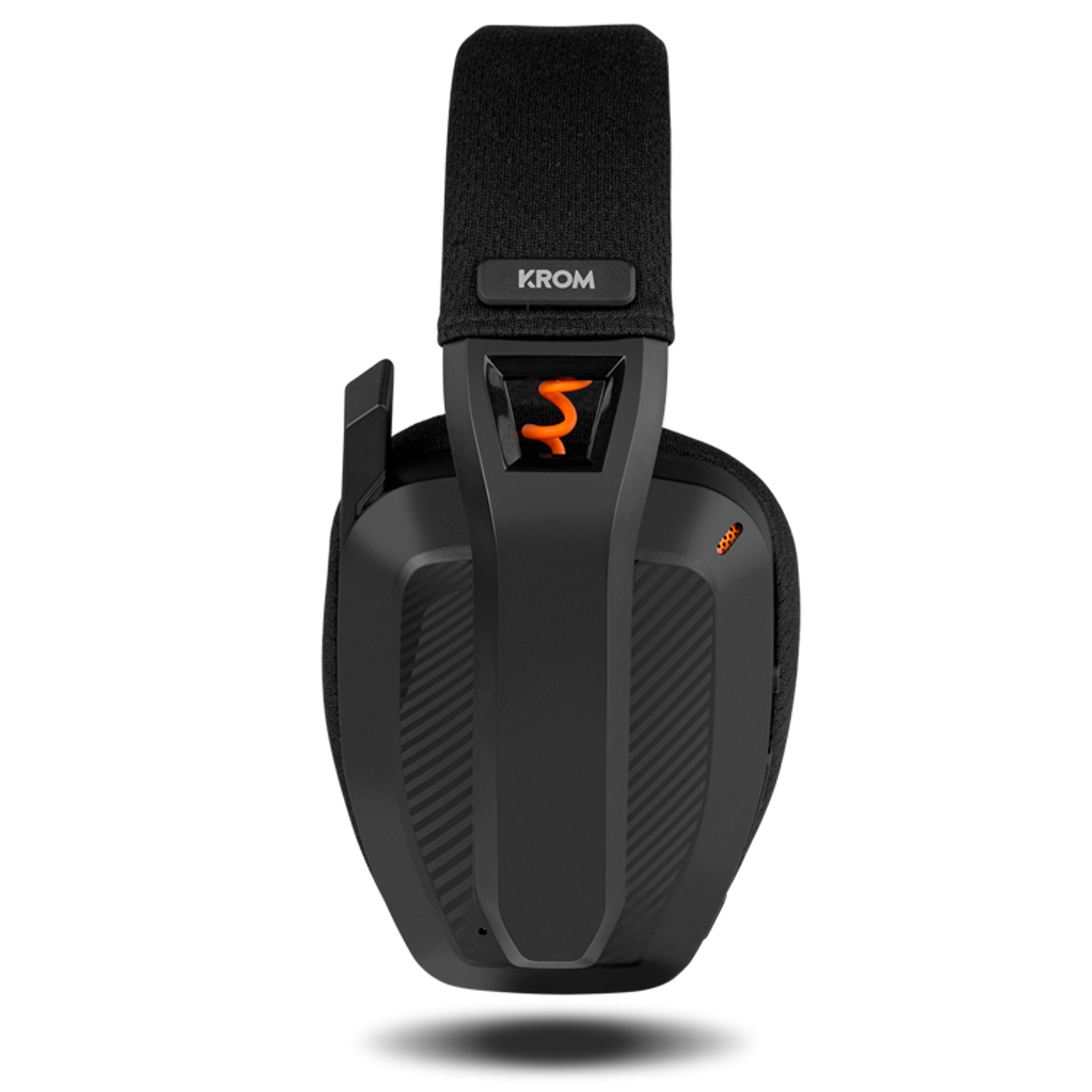 Czarne i pomarańczowe słuchawki dla graczy z logo KROM, na czarnym tle.