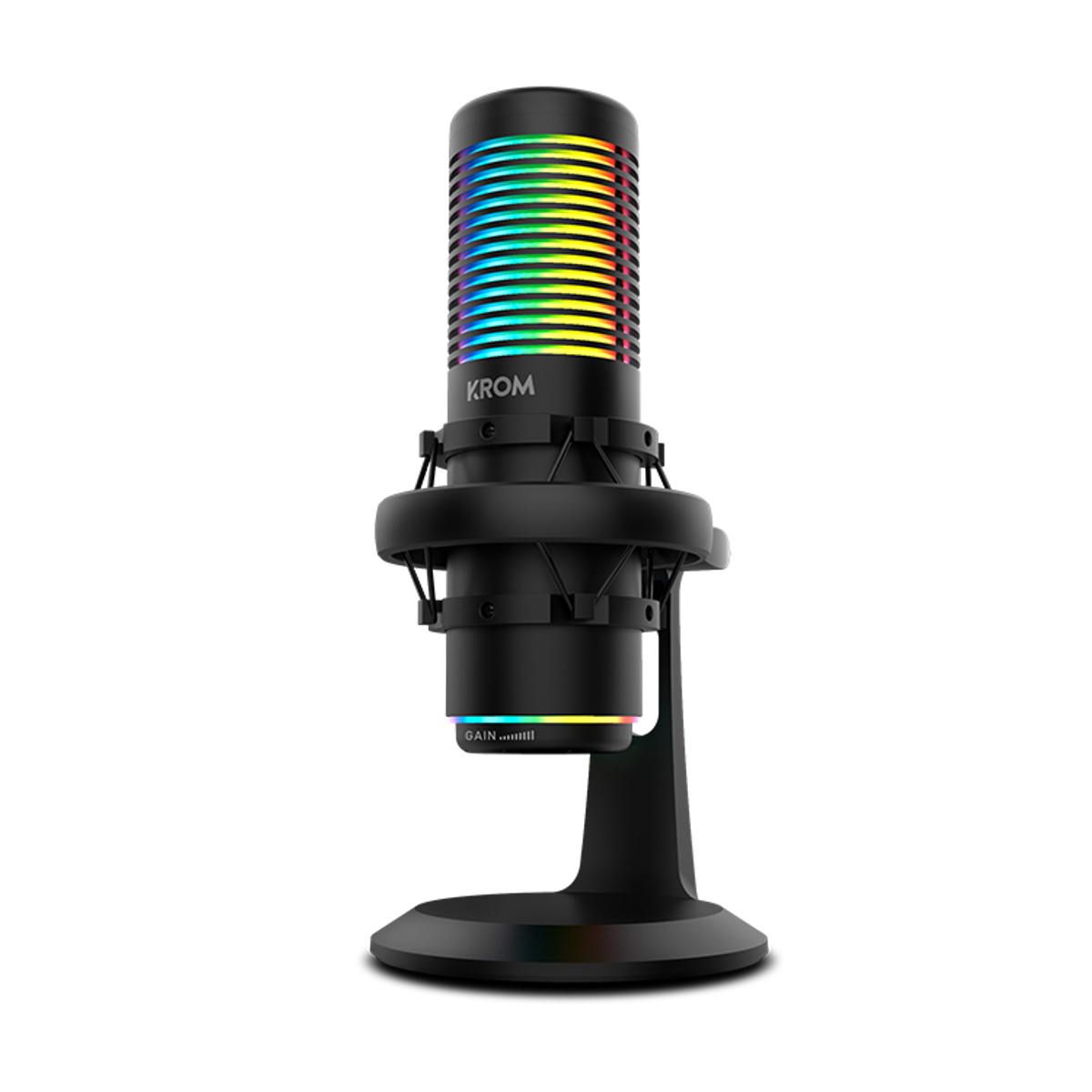 Czarny mikrofon z kolorowymi światłami na górze i na dole oraz ze statywem.