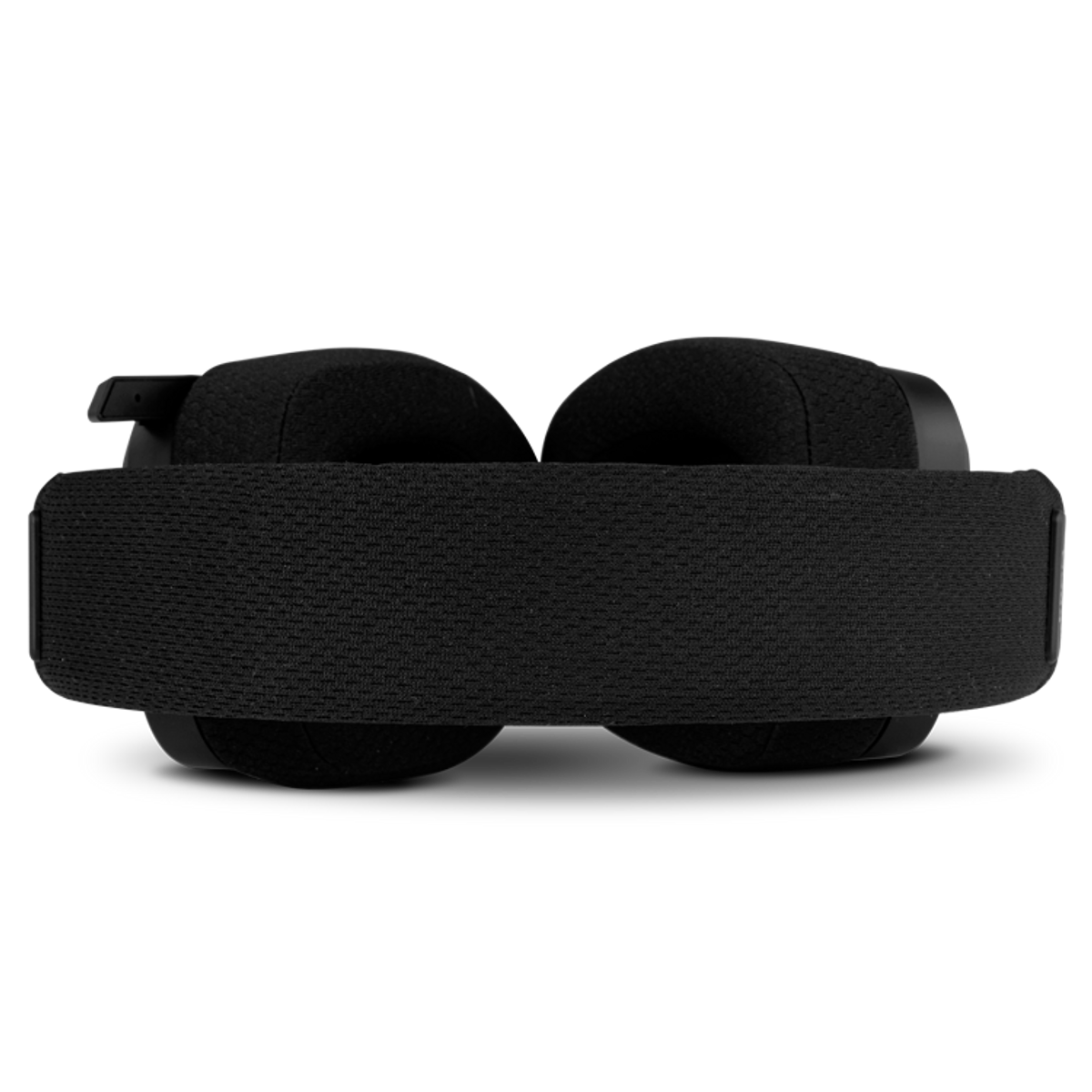 Czarne słuchawki. Opaska i nauszniki widoczne na czarnym tle.