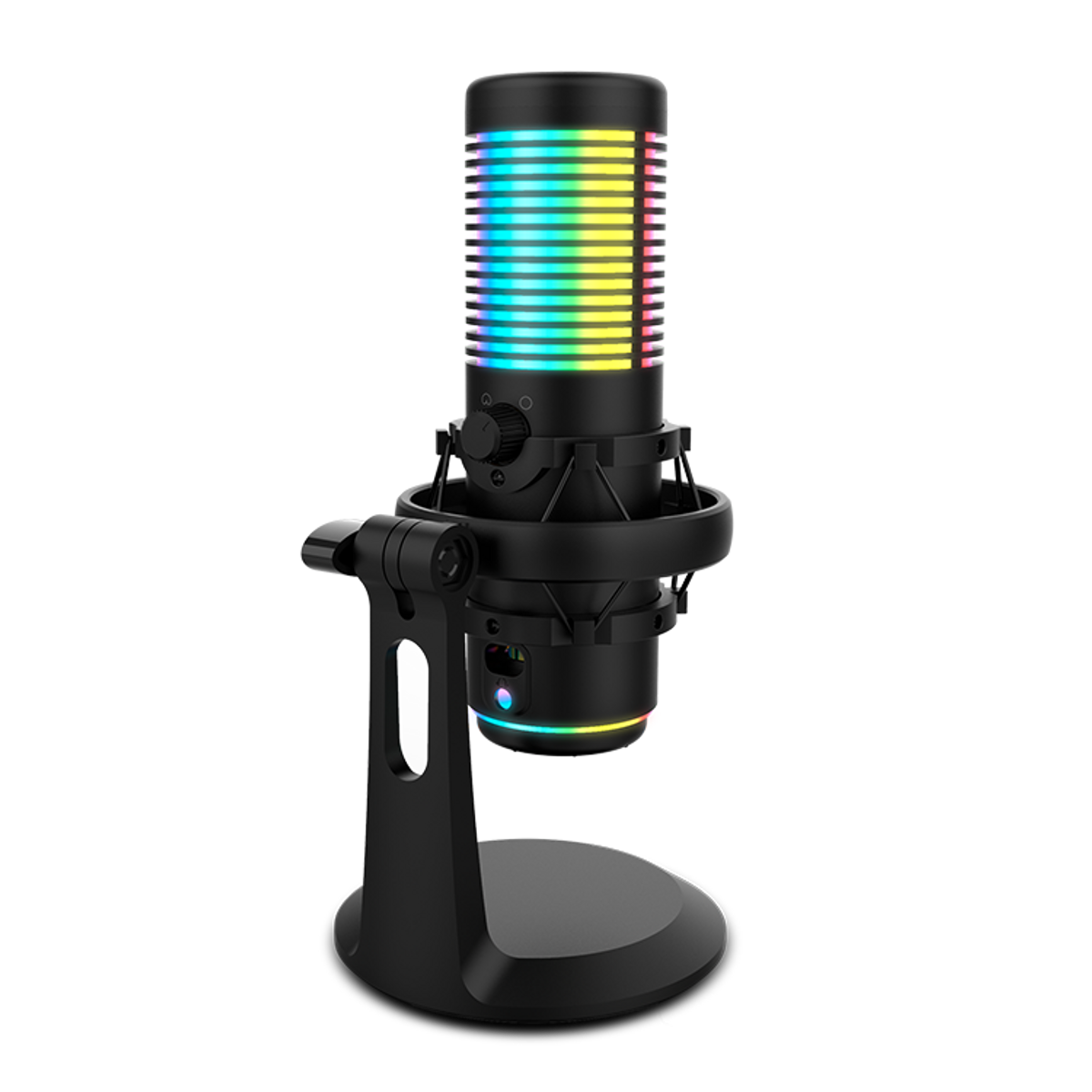 Czarny mikrofon z kolorowymi światłami na statywie. Ma pokrętło i małe światło u podstawy.