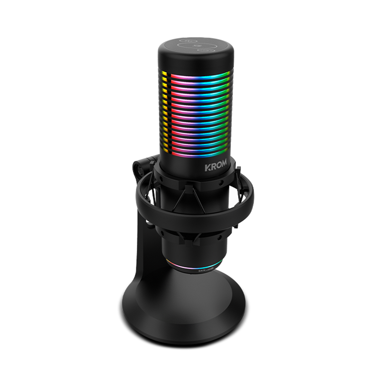 Czarny mikrofon z kolorowymi światłami, marki KROM i stojakiem na czarnym tle.
