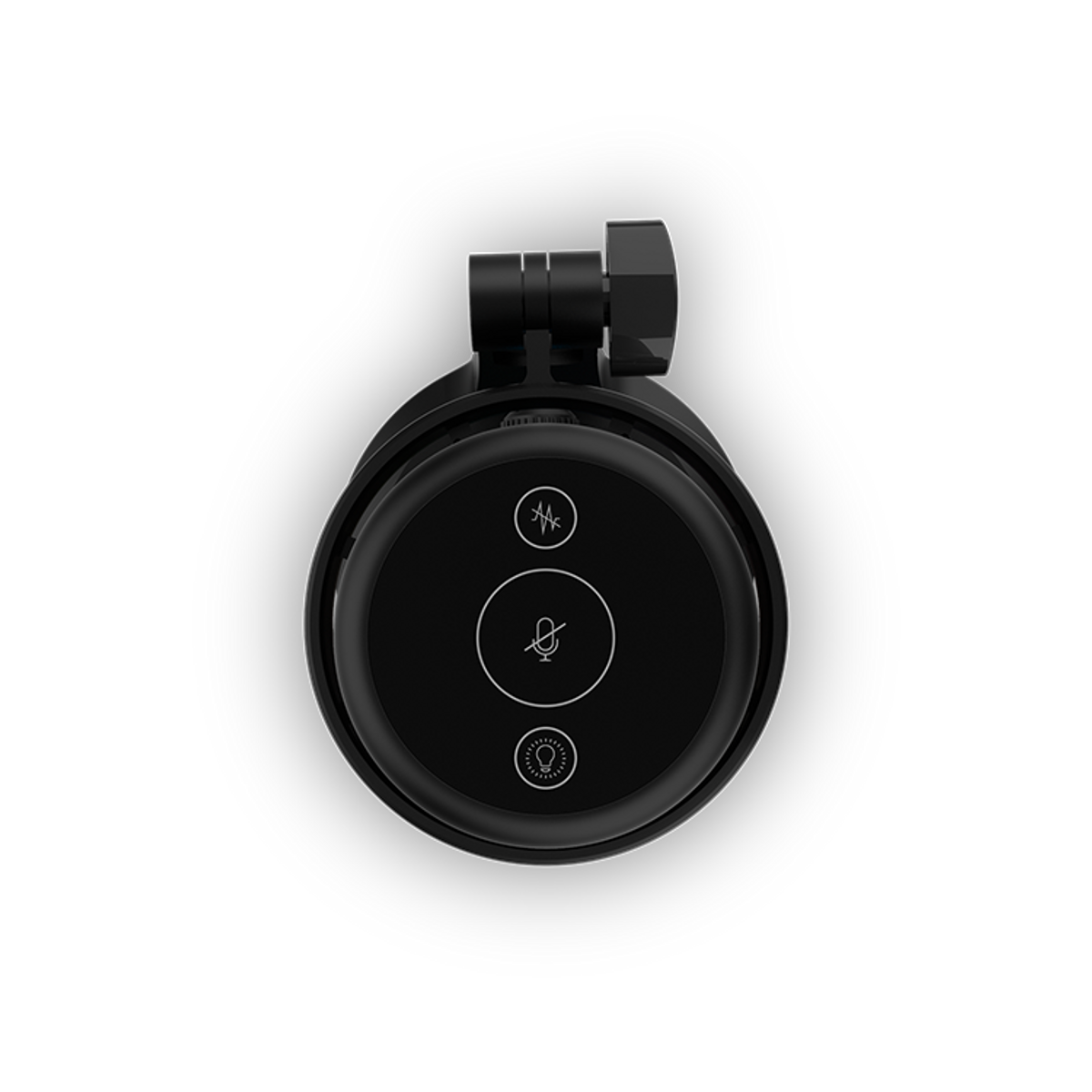 Widok z góry na czarne urządzenie z trzema przyciskami na czarnym tle.