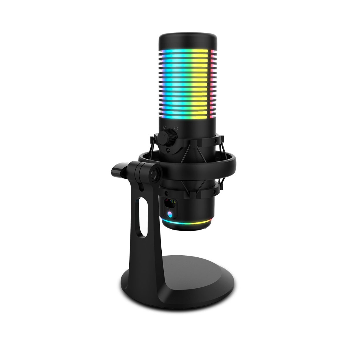 Czarny mikrofon z kolorowym wyświetlaczem świetlnym na czarnym statywie. Mikrofon znajduje się na białym tle.