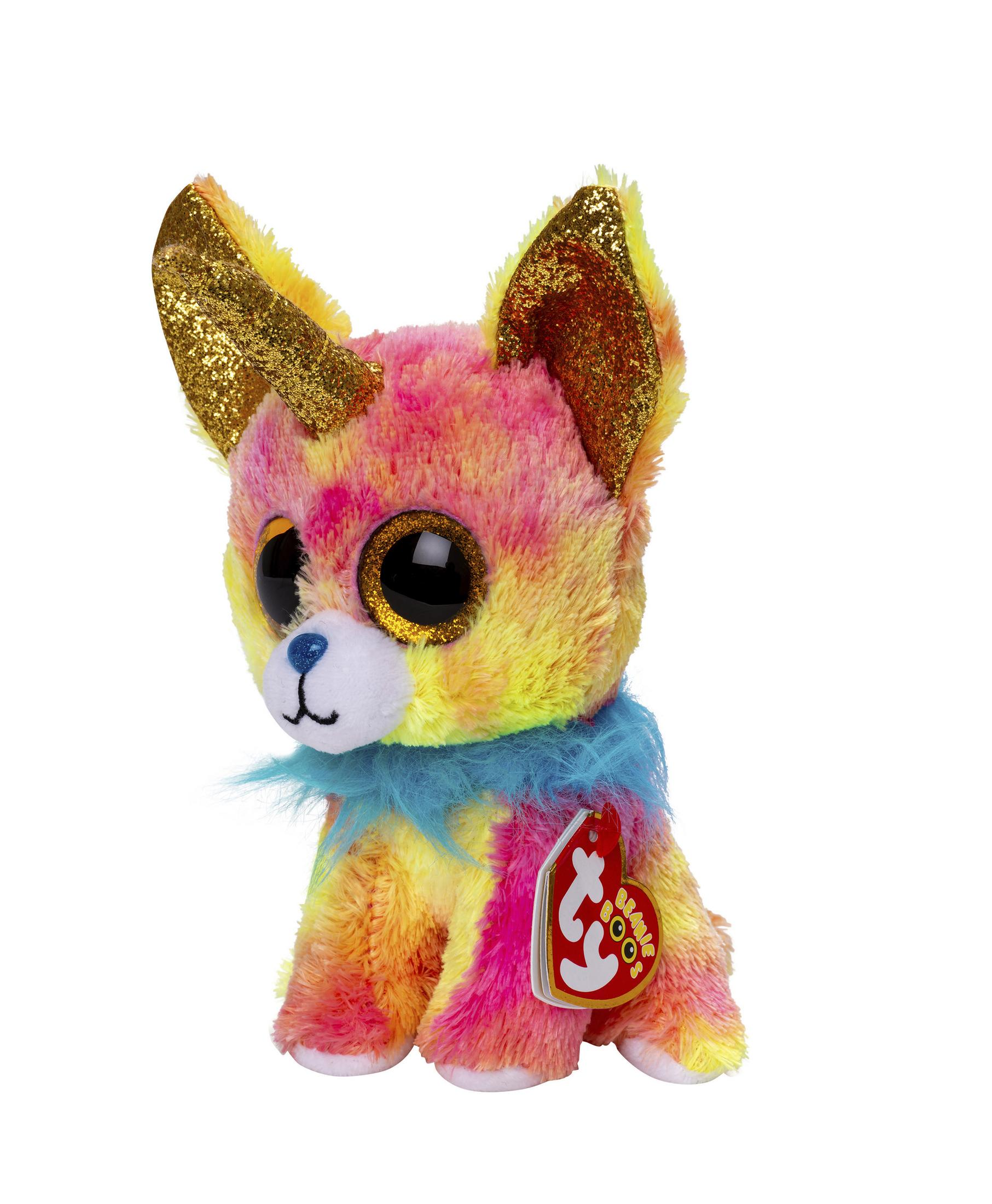 A colorful Chihuahua stuffed animal with large eyes and a blue collar, on a white background.