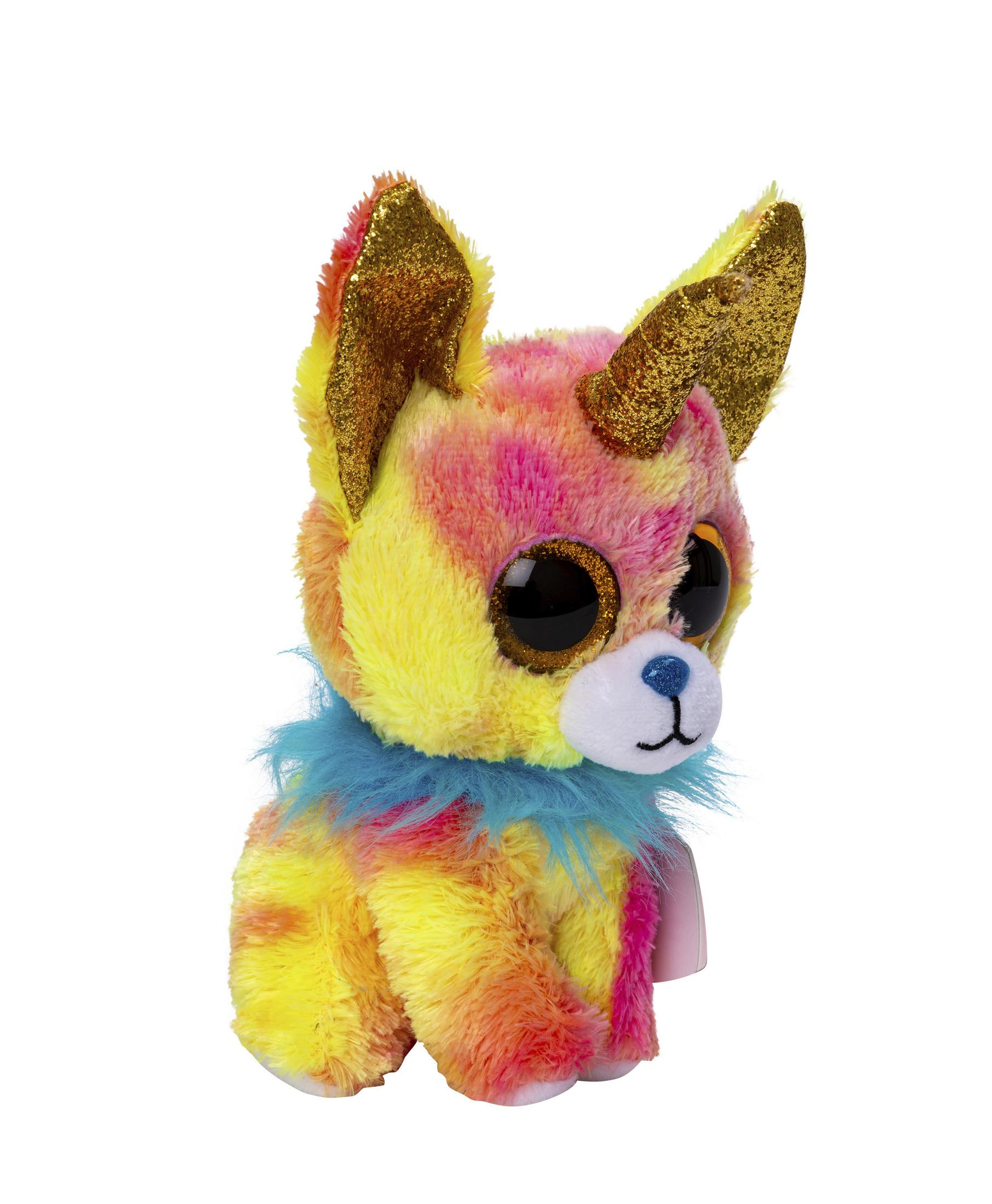 A colorful chihuahua toy with large eyes and glittery gold ears, isolated on white.