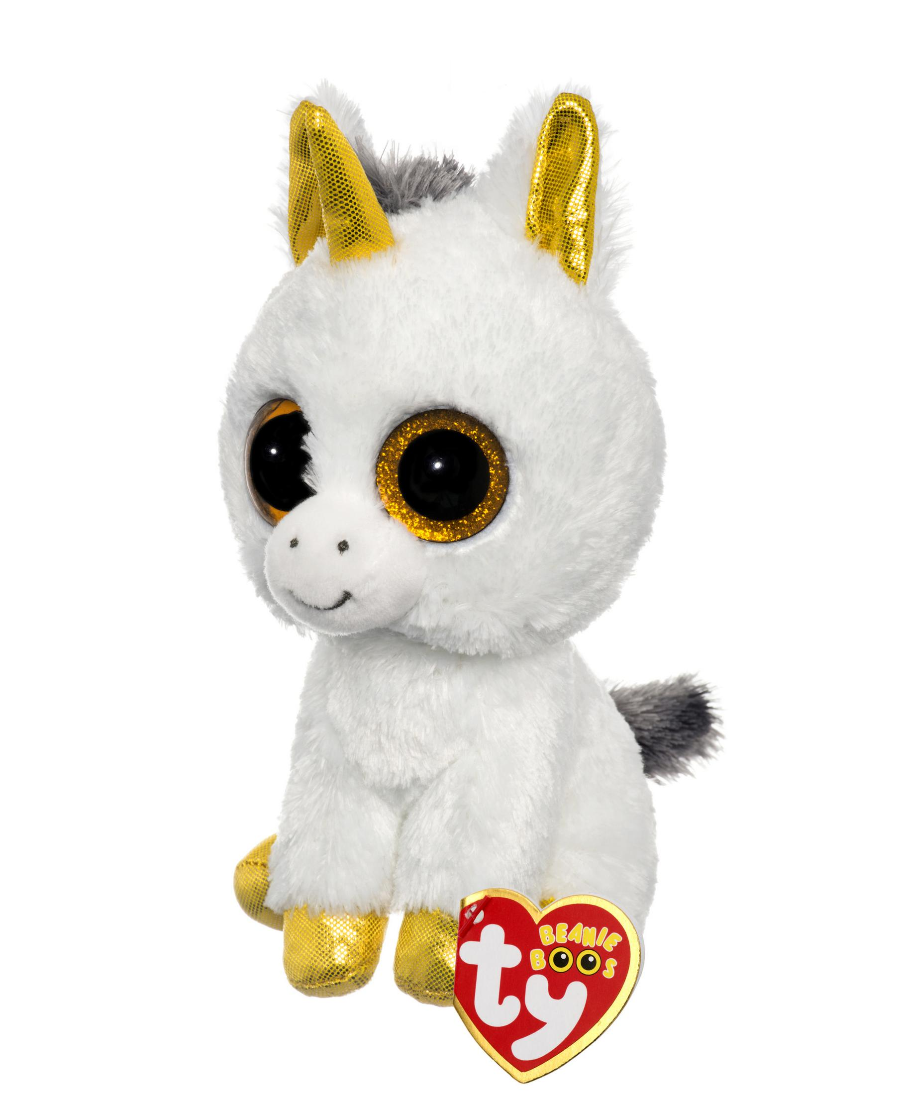 Weißes Einhorn-Stofftier mit goldenem Horn, Hufen und großen Augen.