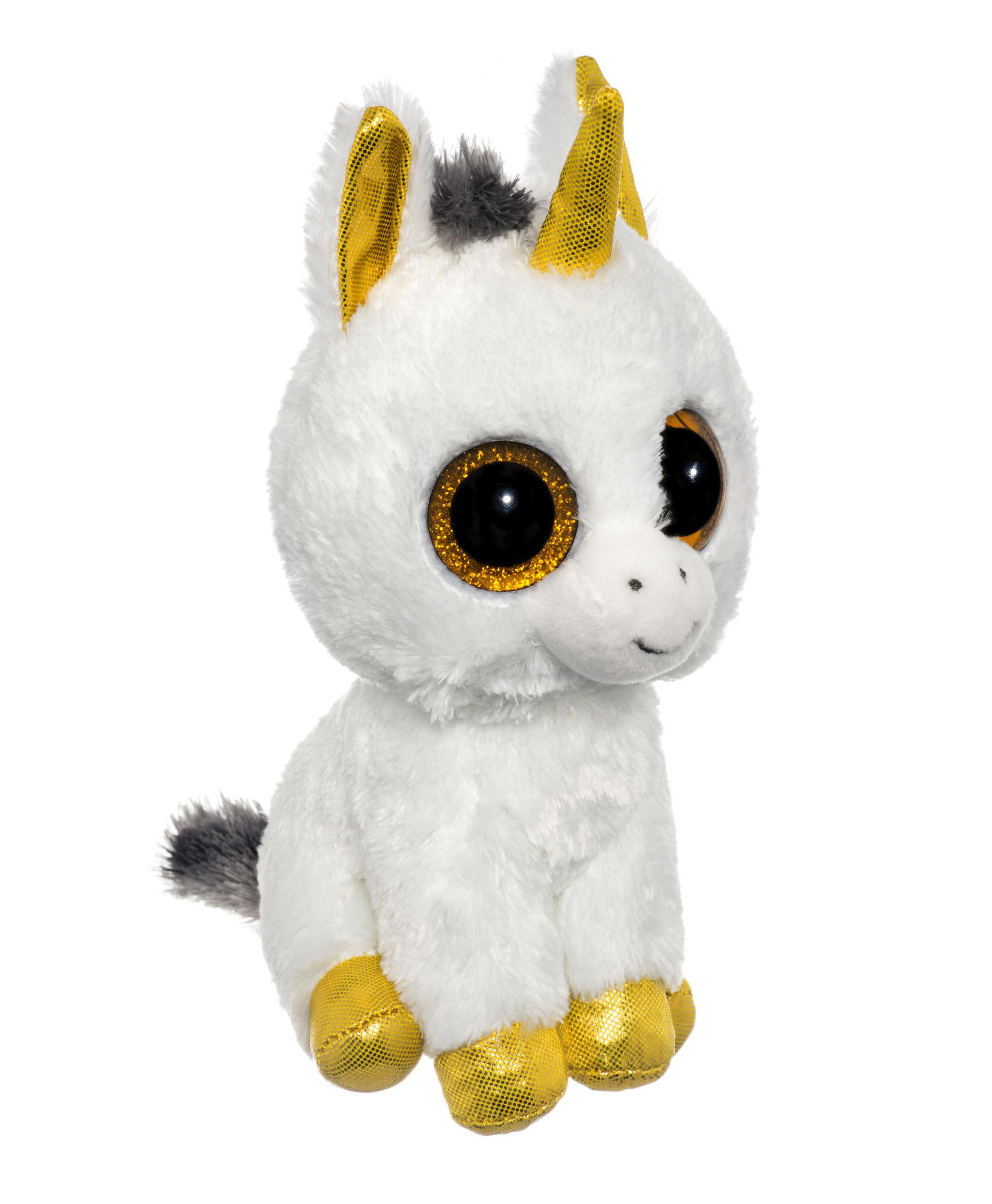 Ein weißes Einhorn-Stofftier mit goldenen Akzenten und großen Glitzeraugen.