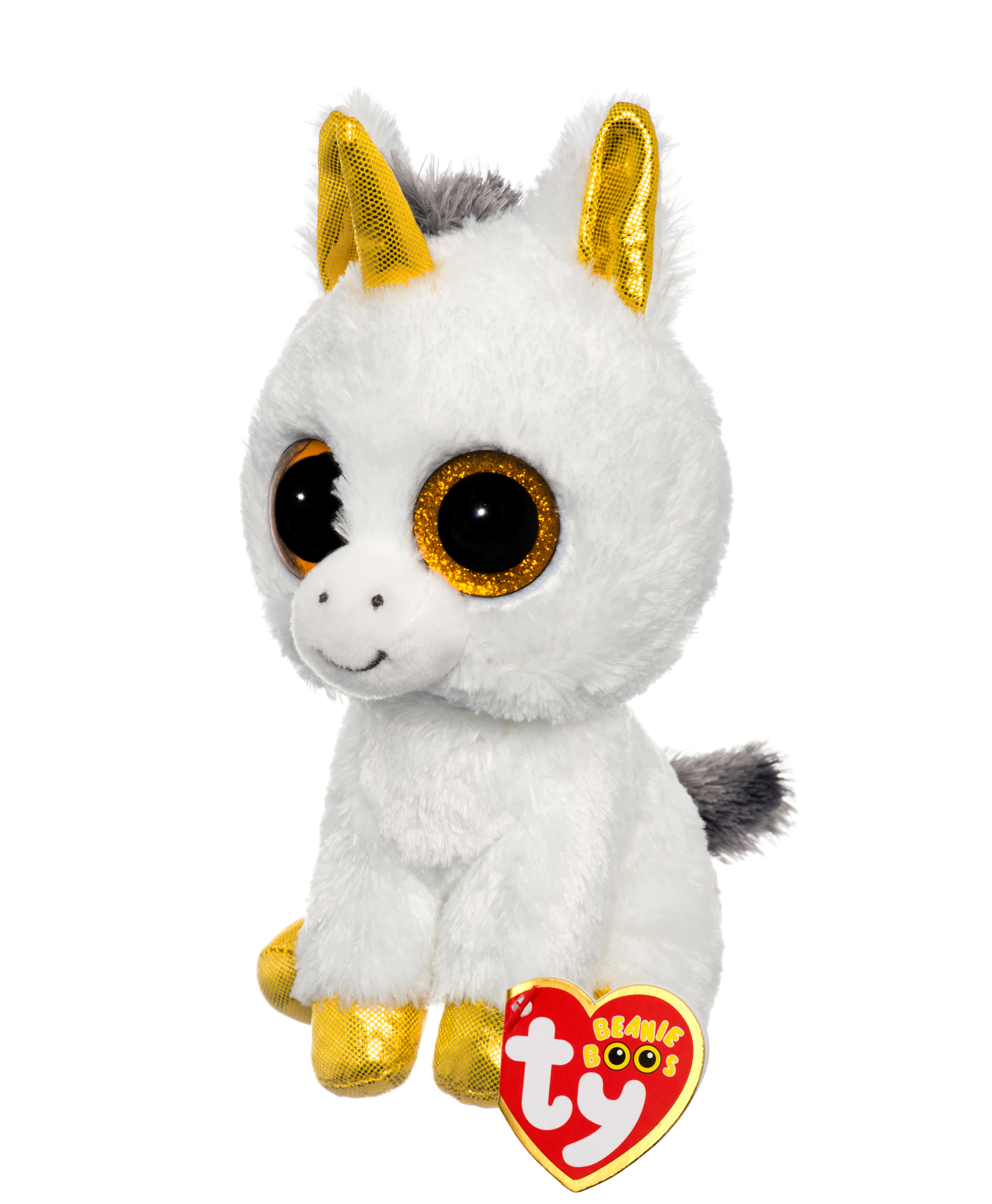 Ein weißes Einhorn-Plüschtier mit goldenen Hörnern und Hufen, ein rotes Herz-Etikett ist angebracht.