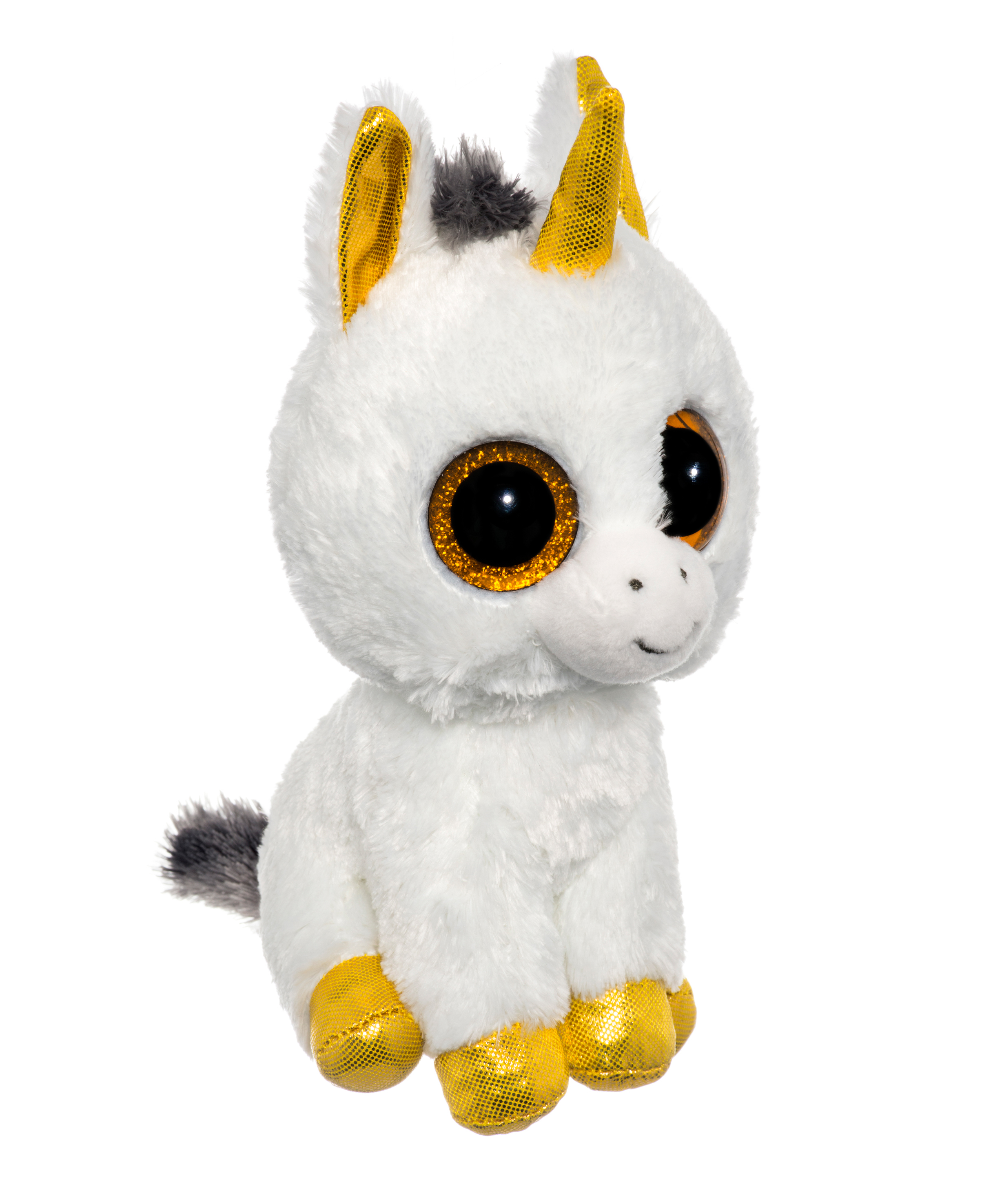 Ein weißes Plüsch-Einhorn-Spielzeug mit goldenem Horn, Ohren und Hufen, große Augen.