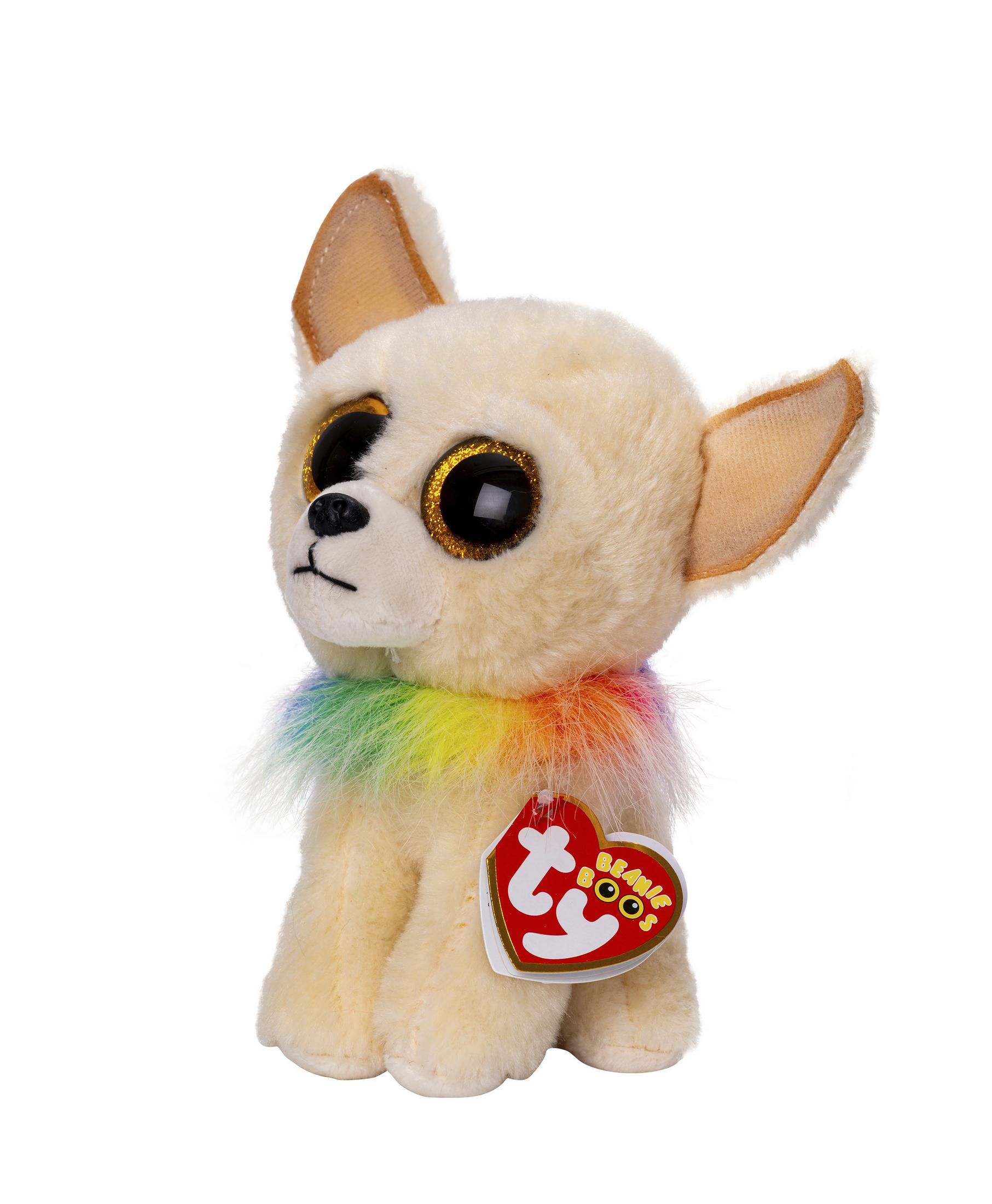 Cream-colored chihuahua plush toy with a rainbow collar and 'Beanie Boos' tag.