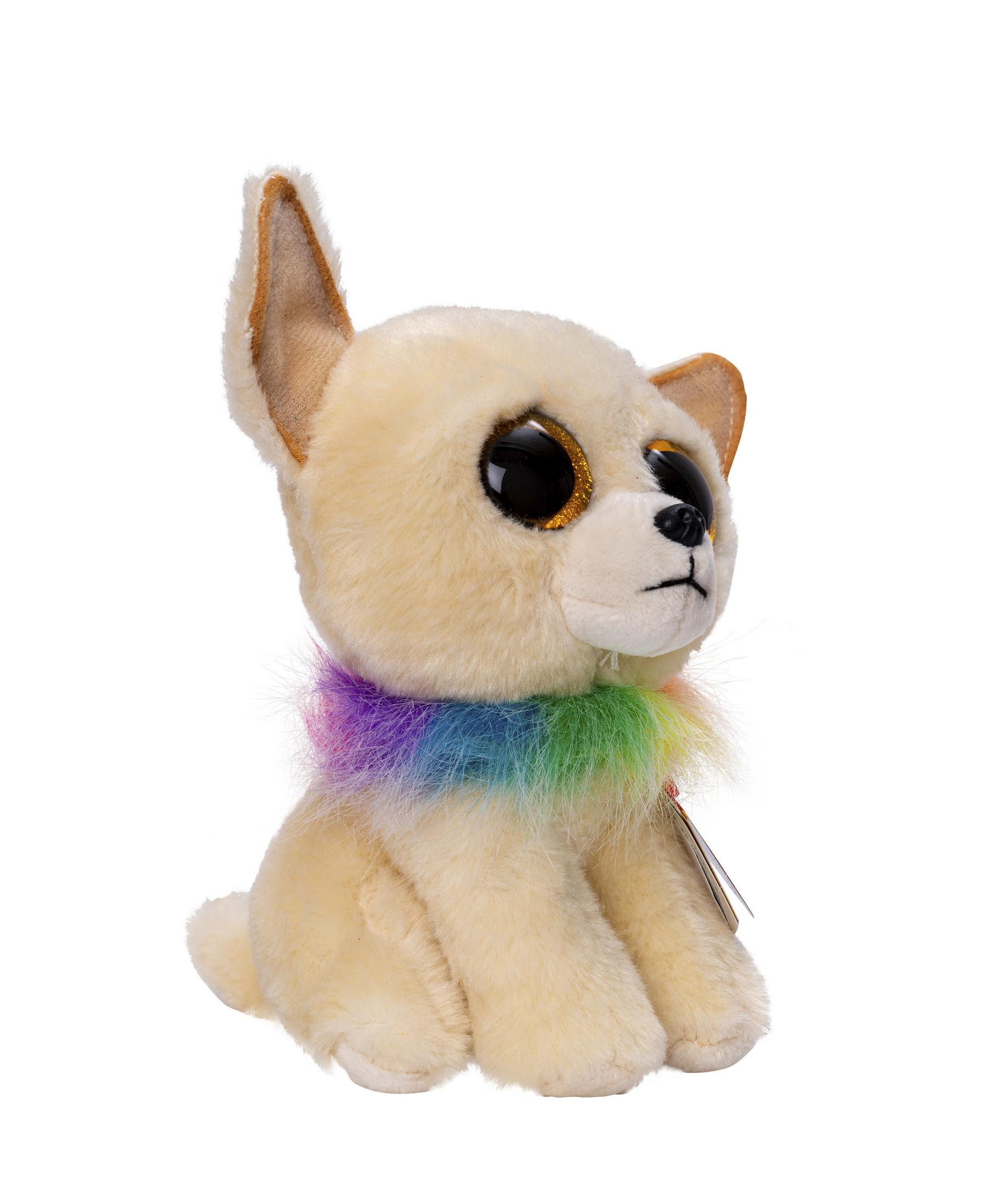 A beige chihuahua stuffed animal with a rainbow-colored collar, big eyes, and a white background.