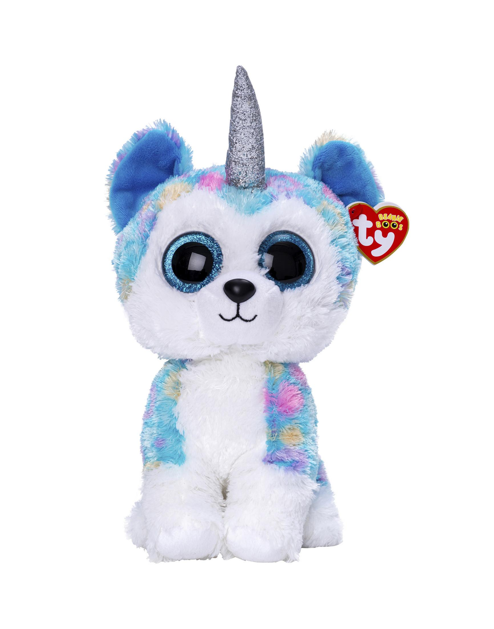 Einhorn-Plüschtier mit blau-lila Fell, silbernem Horn und herzförmigem Anhänger. Weißer Hintergrund.