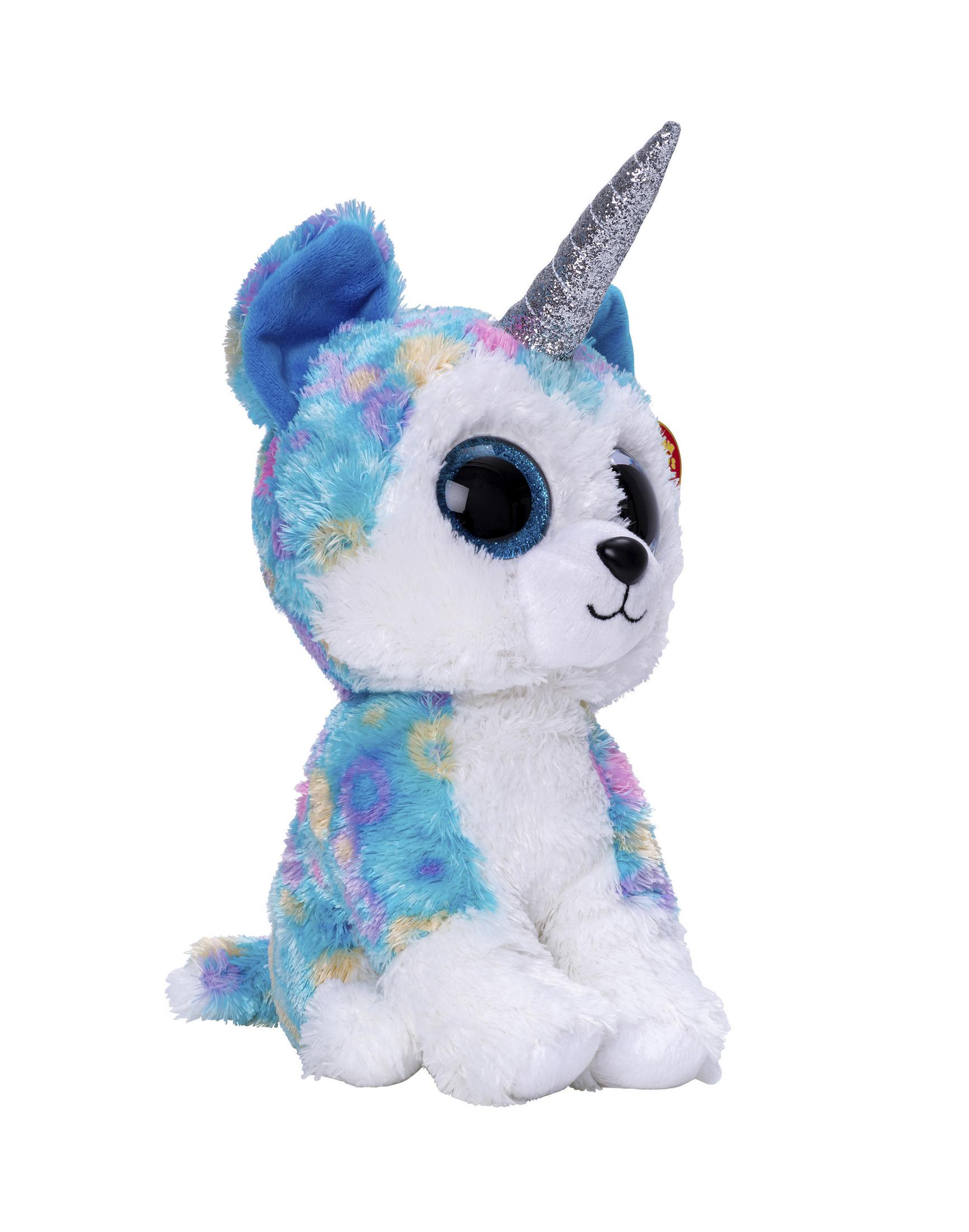Ein Stofftier-Einhorn-Welpenspielzeug, weiß mit blauen und lila Flecken, mit einem silbernen Horn.