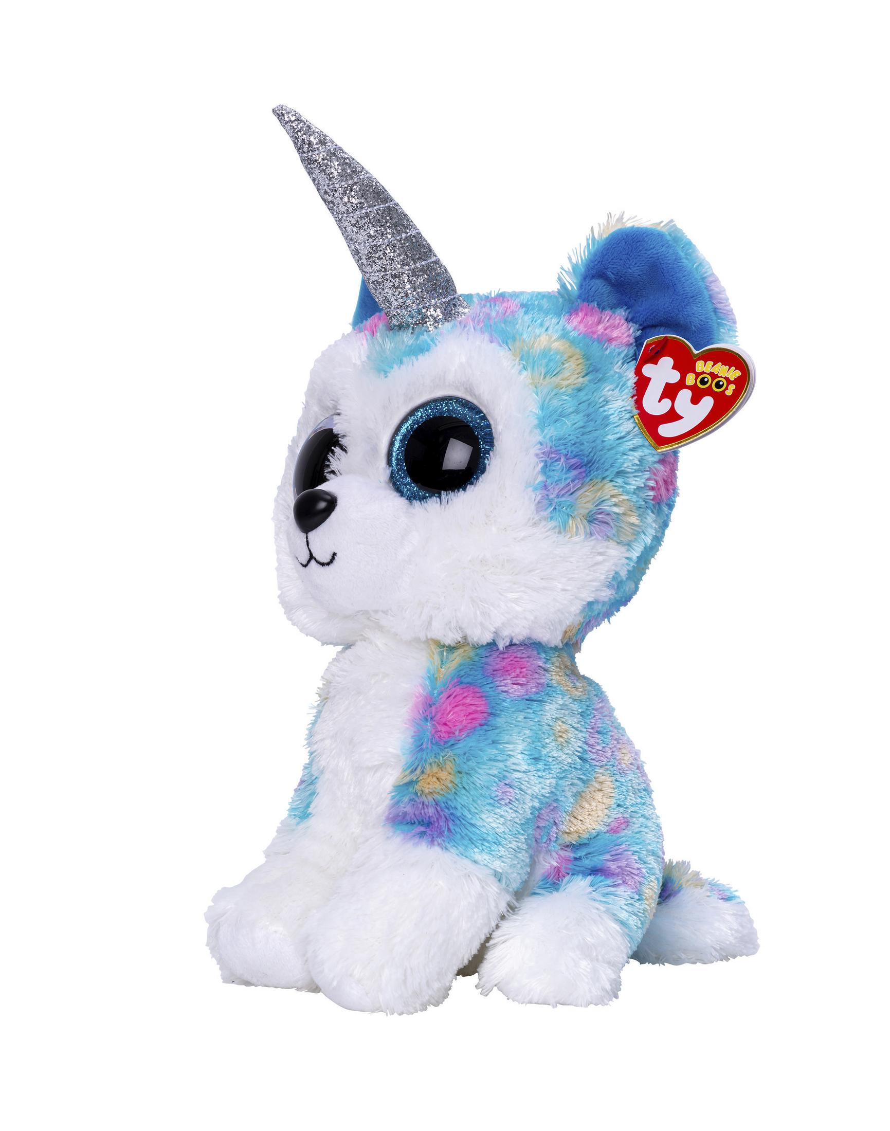 Ein Einhorn-Plüschtier, weißer Körper, blau-rosa geflecktes Fell, blaue Augen, silbernes Horn.