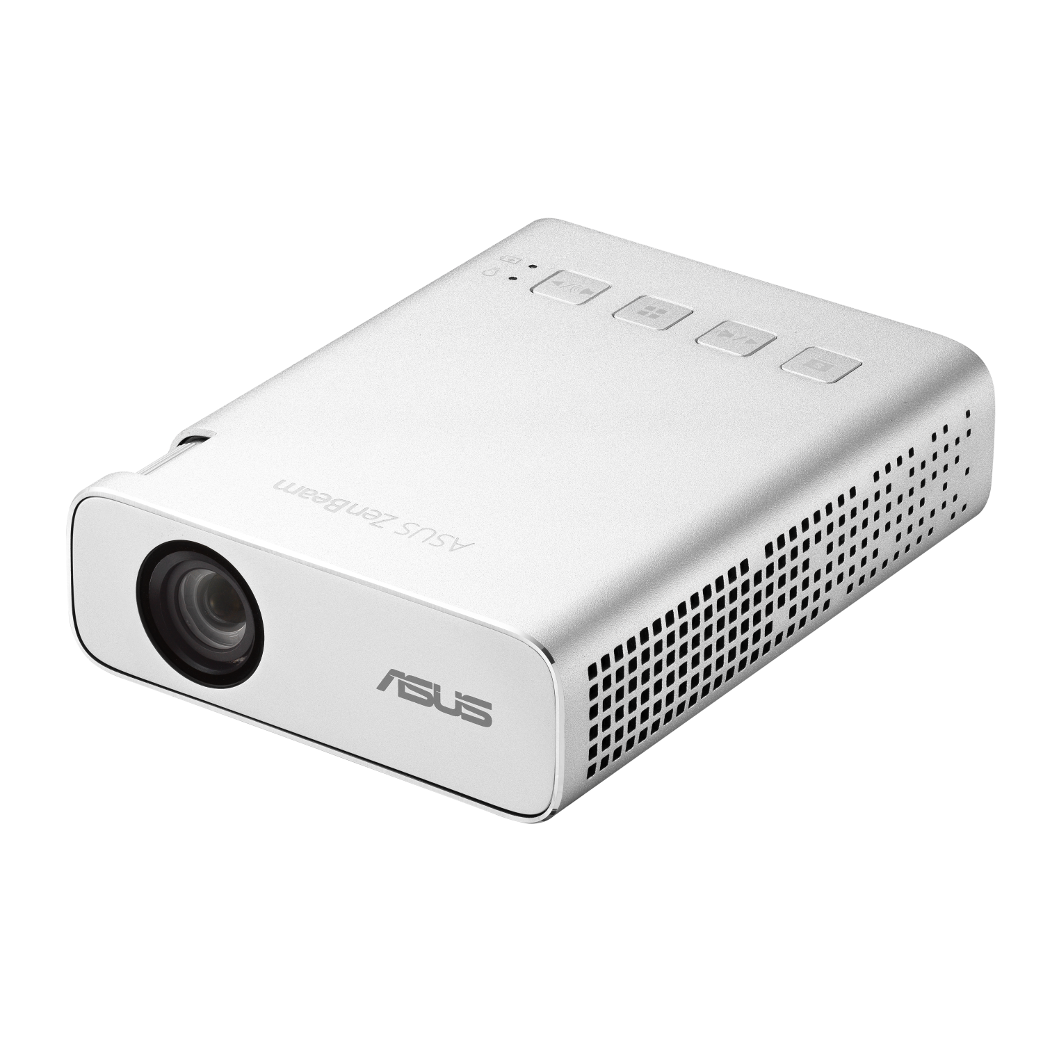 Srebrny projektor ASUS Zenbeam z kontrolkami. Widoczny przedni obiektyw. Czarne tło.