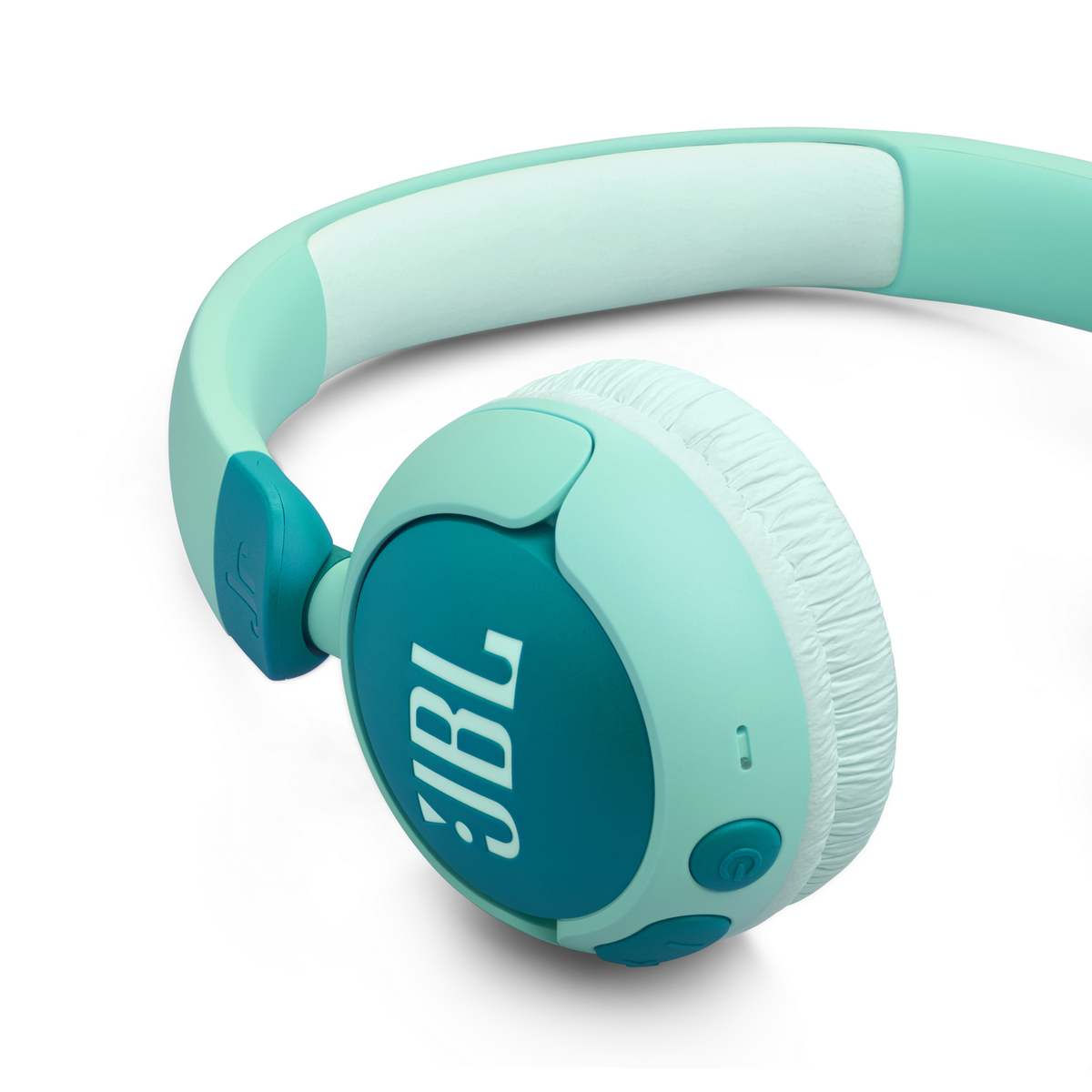 Türkis- und türkisblaue Kopfhörer mit JBL-Logo. Die Kopfhörer liegen auf weißem Untergrund.