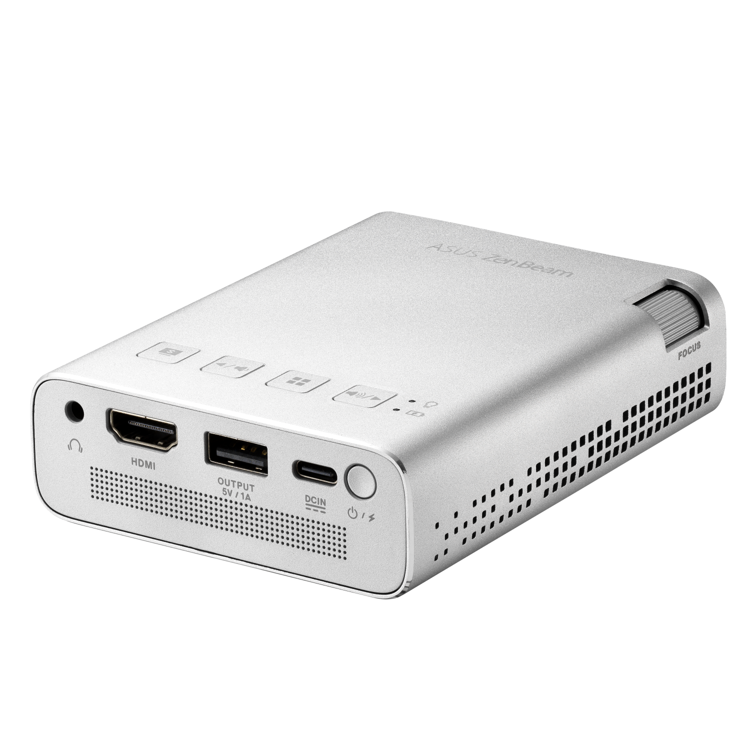 Srebrny projektor ASUS ZenBeam, z portami i kontrolkami, na czarnym tle.