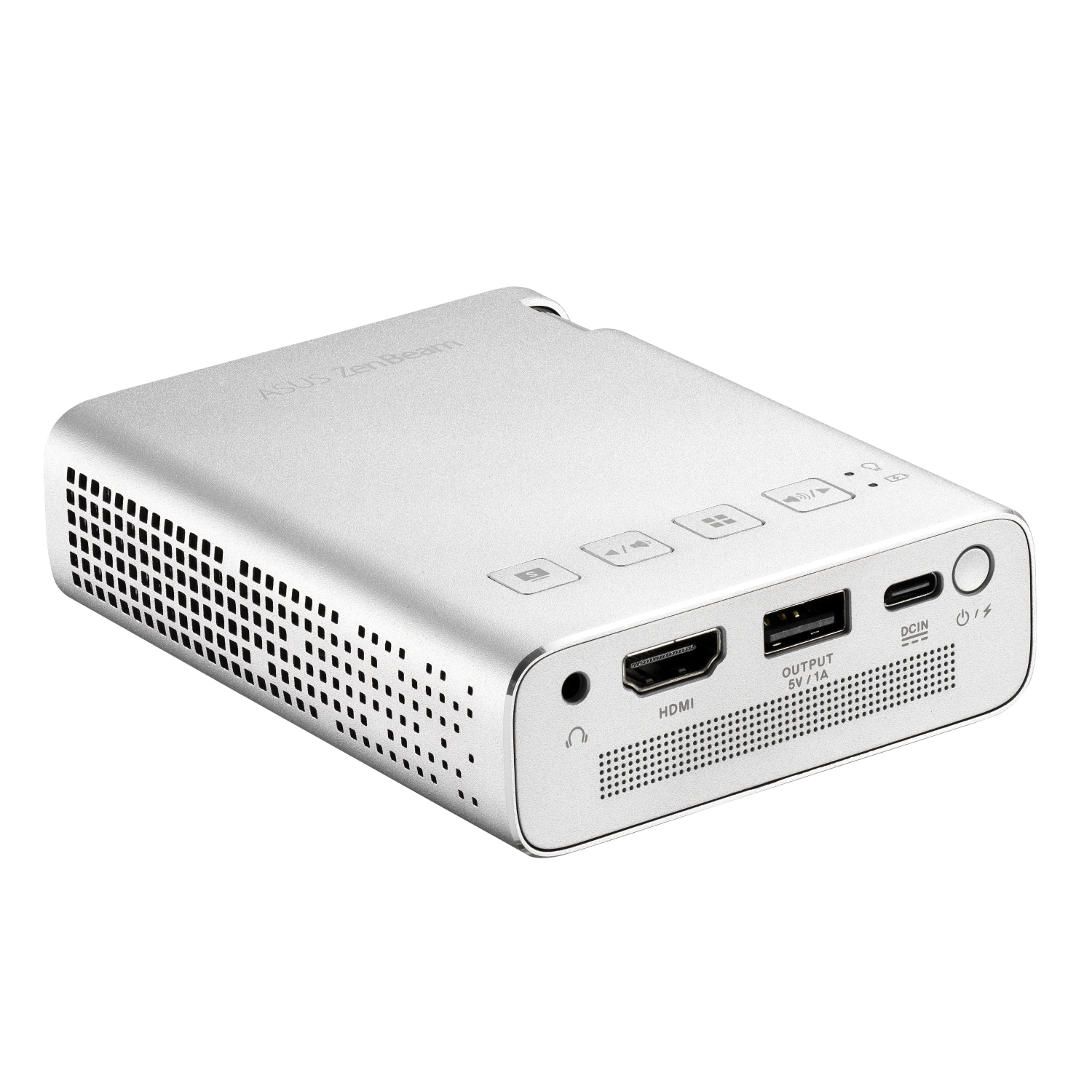 Srebrny projektor ASUS Zenbeam z portami połączeniowymi. Czarne tło.