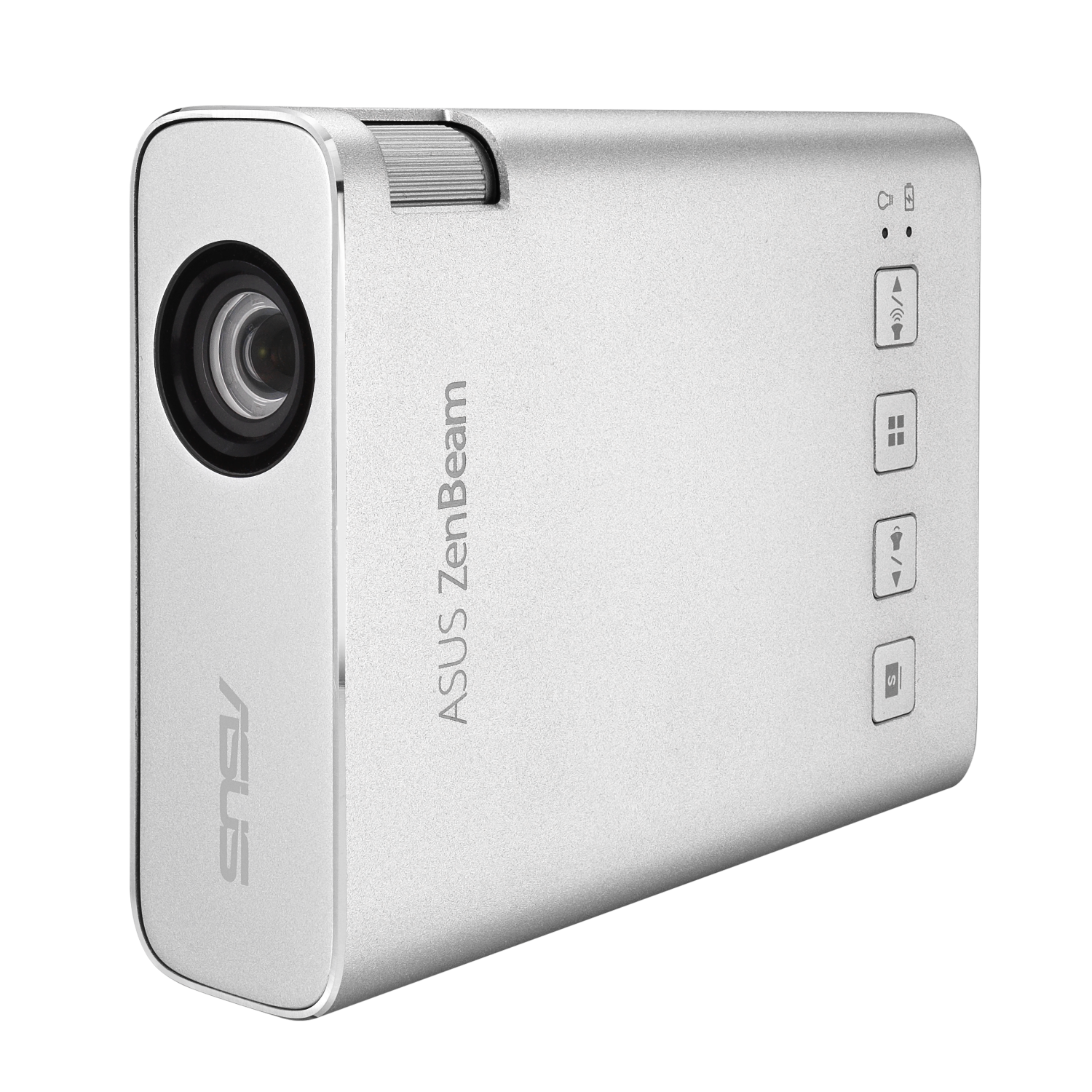 Srebrny projektor ASUS ZenBeam. Przyciski z boku. Czarne tło.