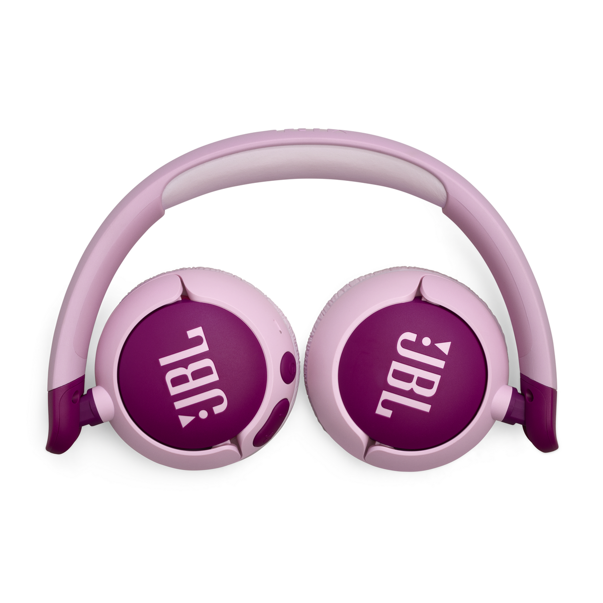 Auriculares JBL plegables rosas y morados, aislados sobre fondo blanco.