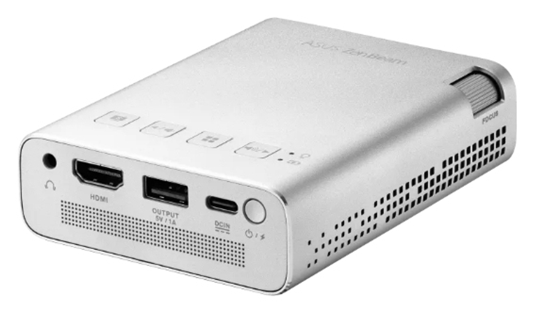 Srebrny projektor ASUS ZenBeam z portami wejściowymi z boku i pokrętłem ostrości.
