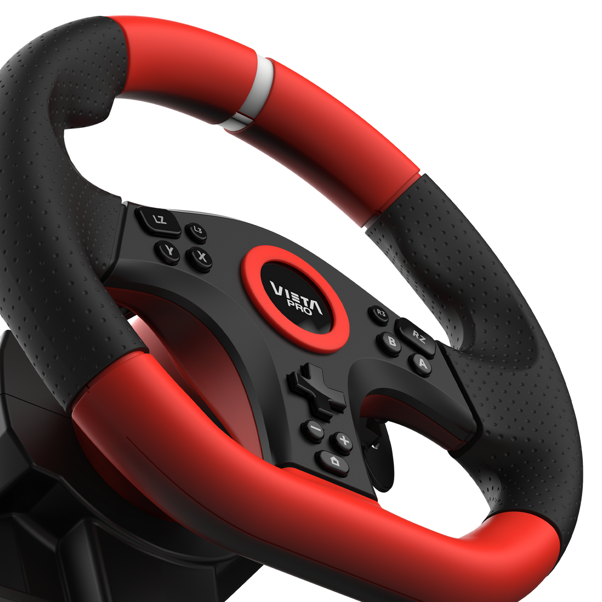 Primer plano de un volante de juego negro y rojo con botones y el logo 'VISTA PRO'.