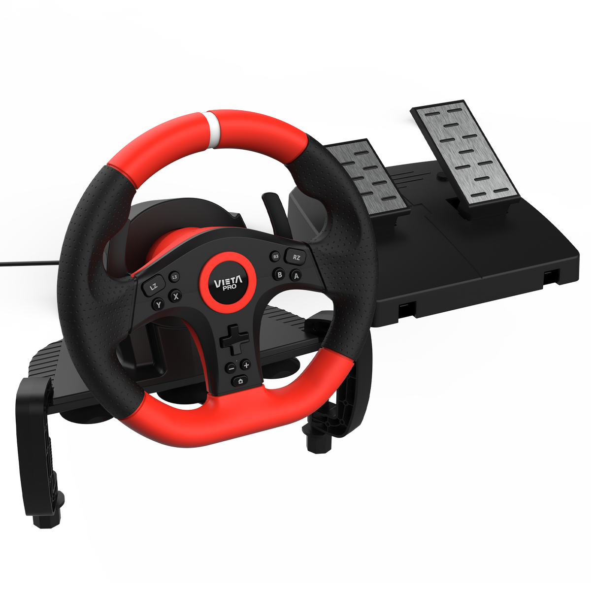 Un conjunto de volante y pedales de carreras, con diseño negro y rojo.