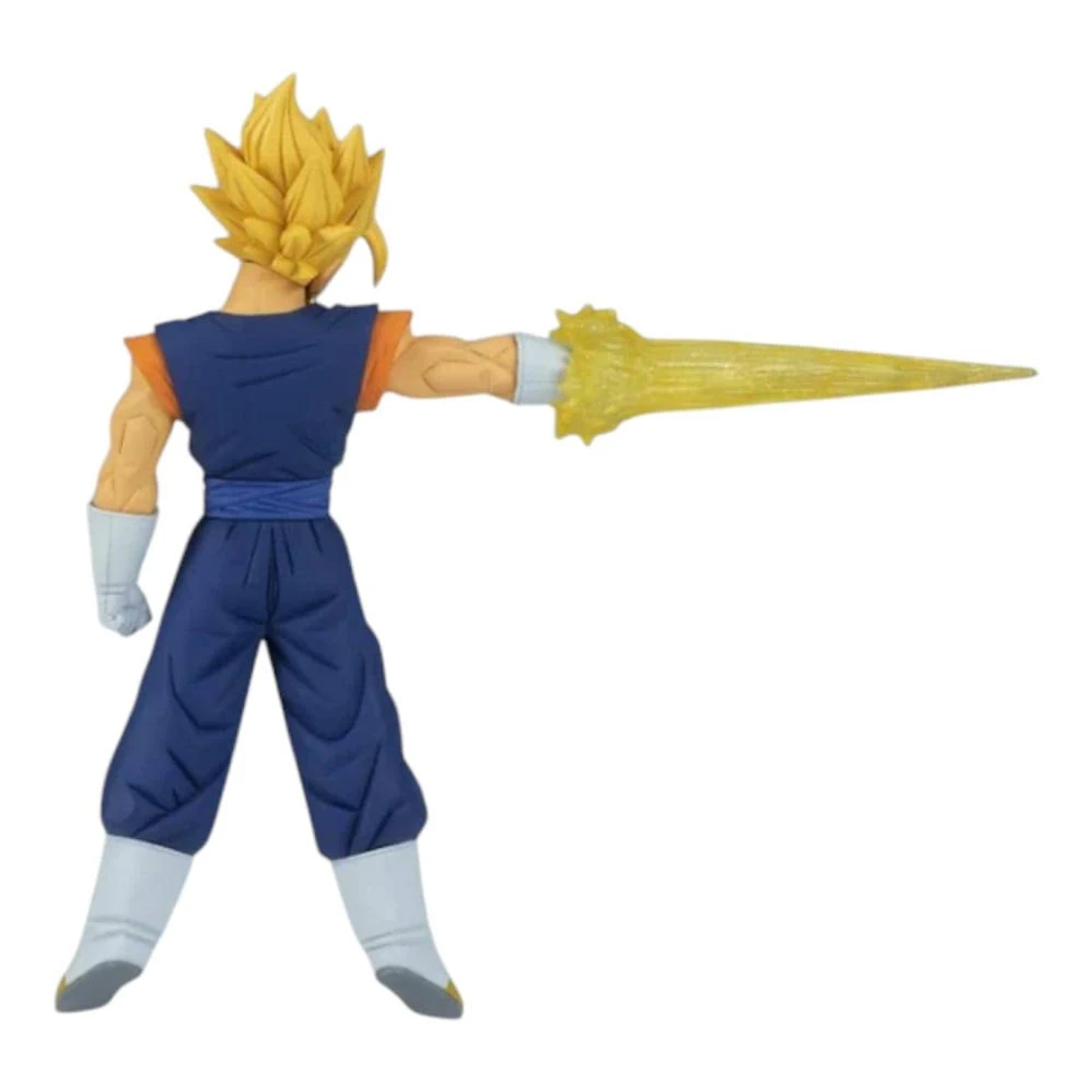Figura de acción de Vegito, traje azul y naranja, sosteniendo una explosión de energía amarilla.