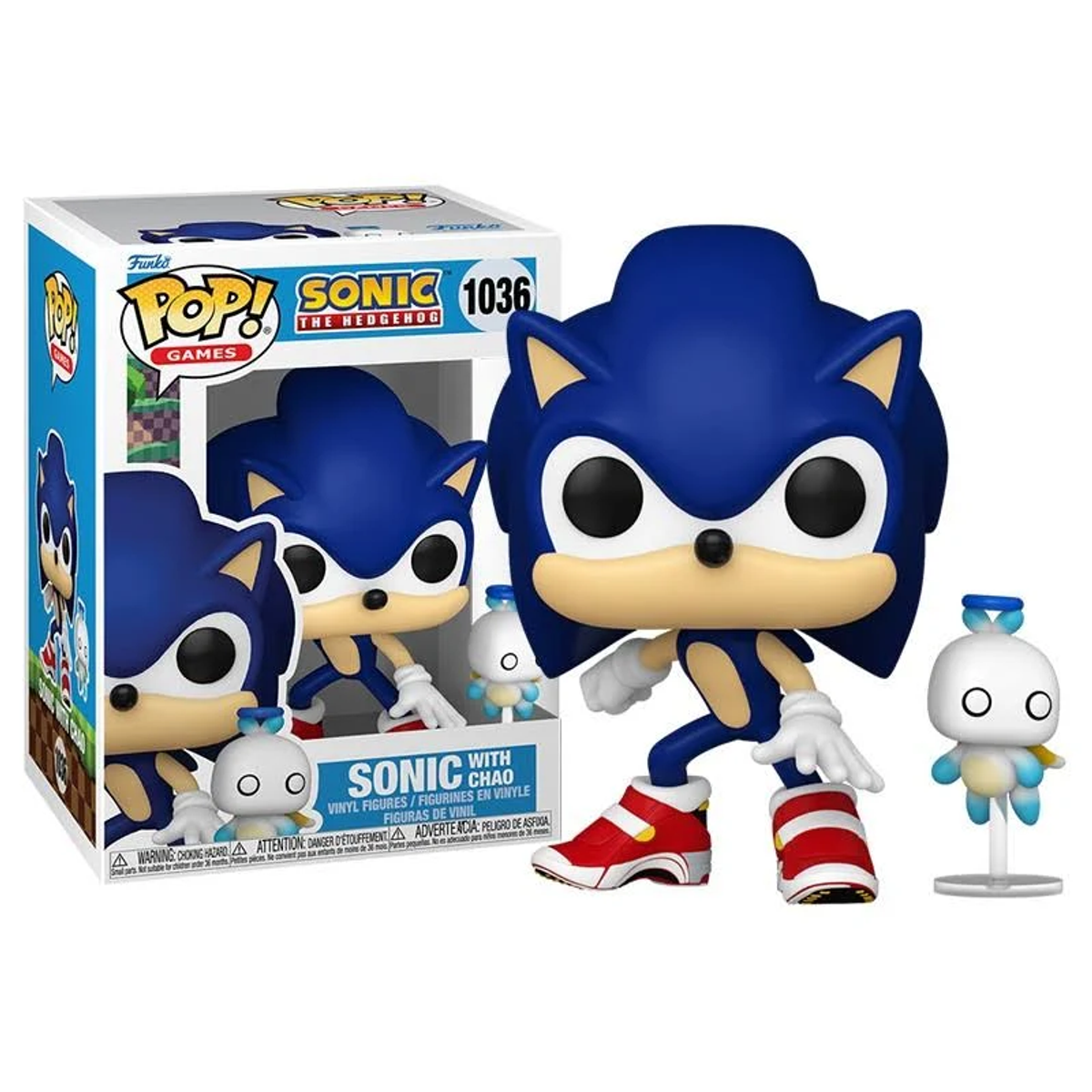 Funko Pop Sonic con figura Chao y caja, Sonic en pose de acción.