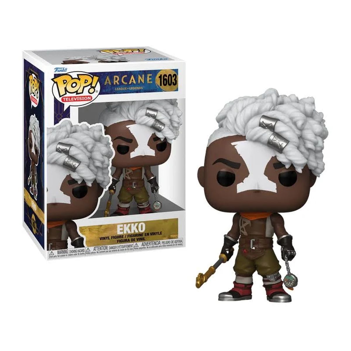 Ekko Funko Pop Figur mit weißen Haaren, Waffe haltend, in einer Box.