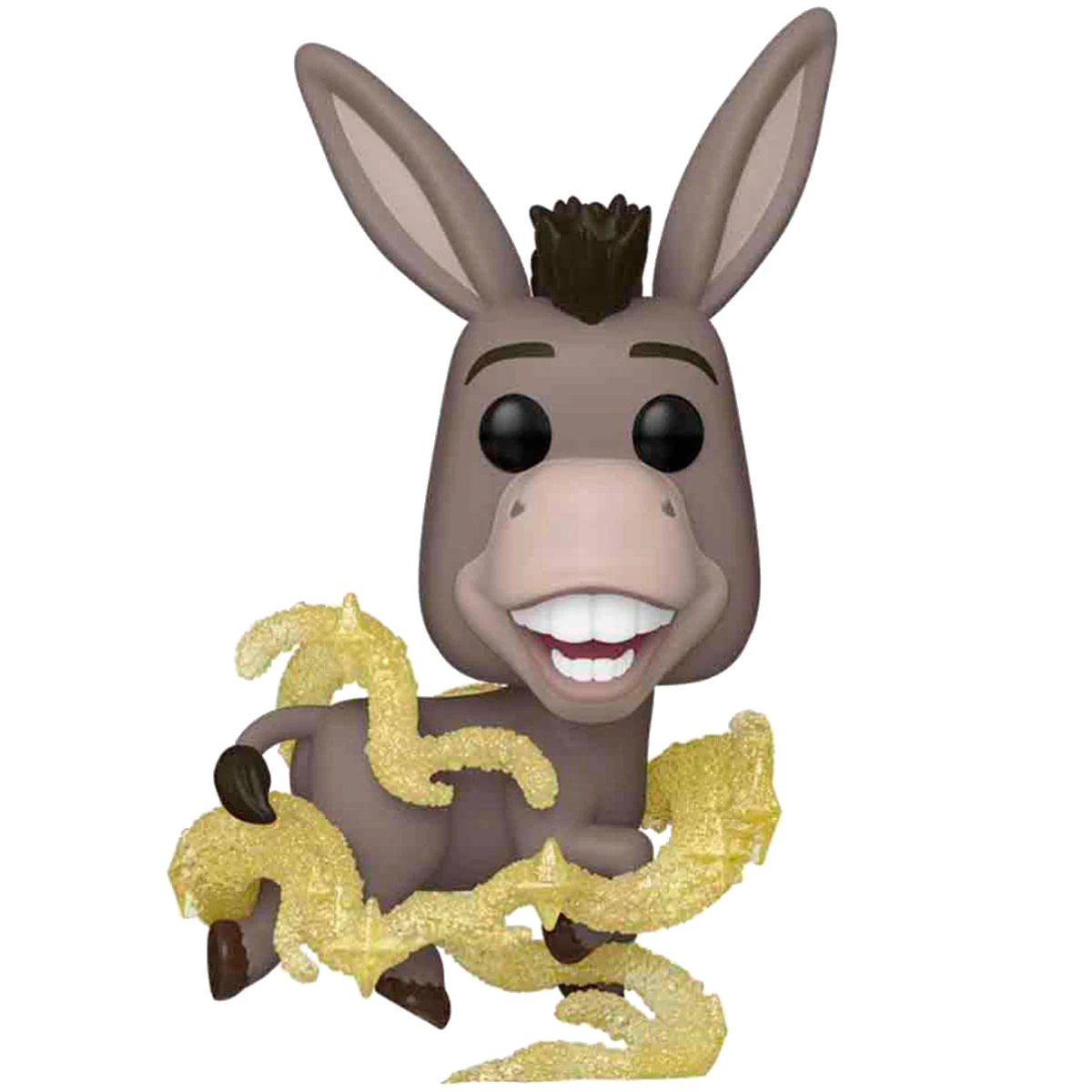 Statuetta di Ciuchino da Shrek, sorridente con elementi decorativi dorati. Sfondo nero.