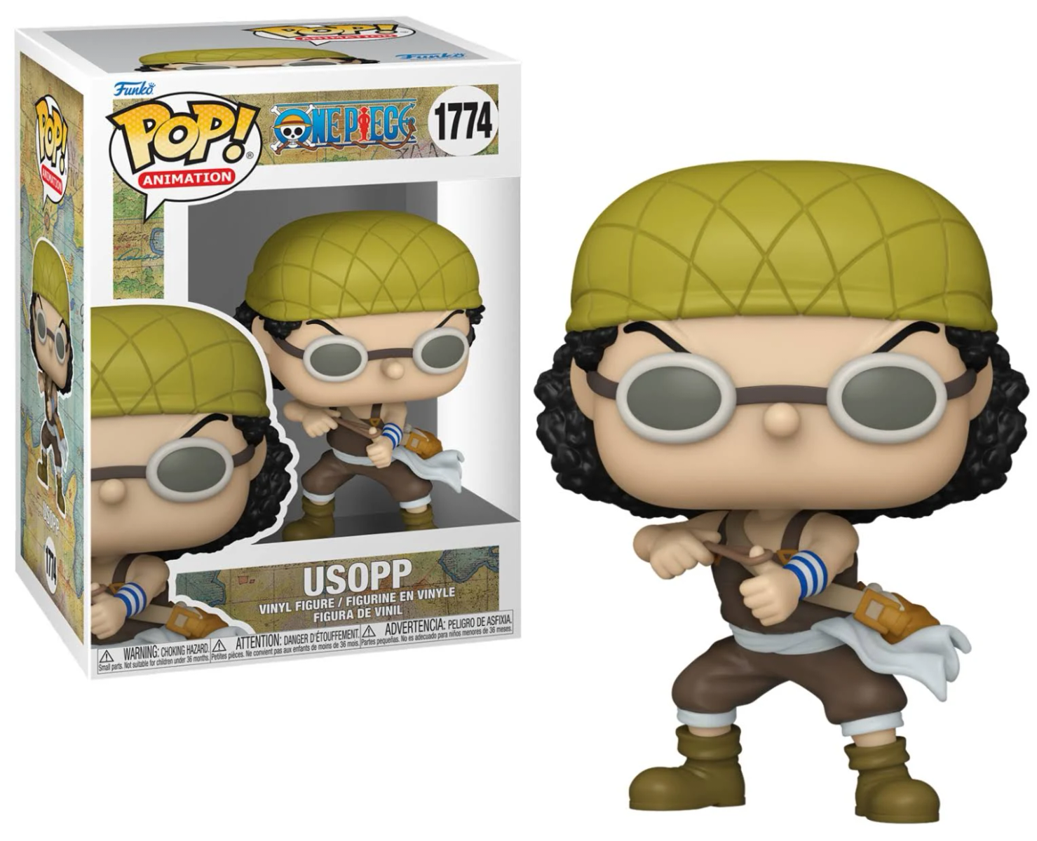 Funko Pop di Usopp da One Piece, con scatola, in posa su sfondo bianco.