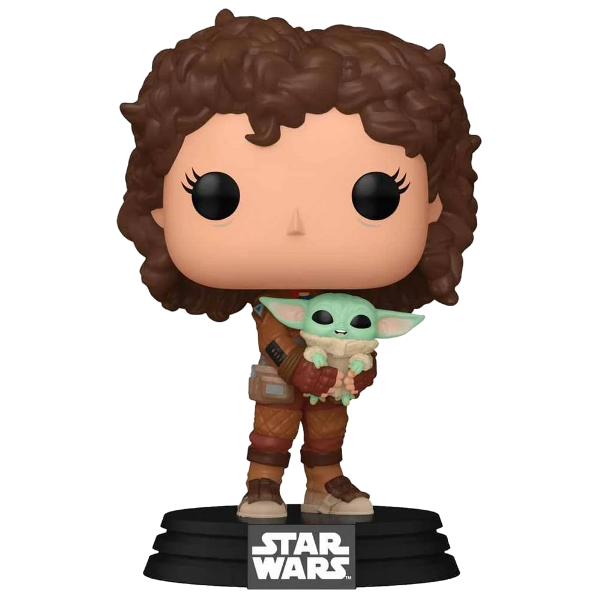 Figurina Funko Pop di una donna che tiene in mano una bambola di Grogu. Logo Star Wars sulla base.